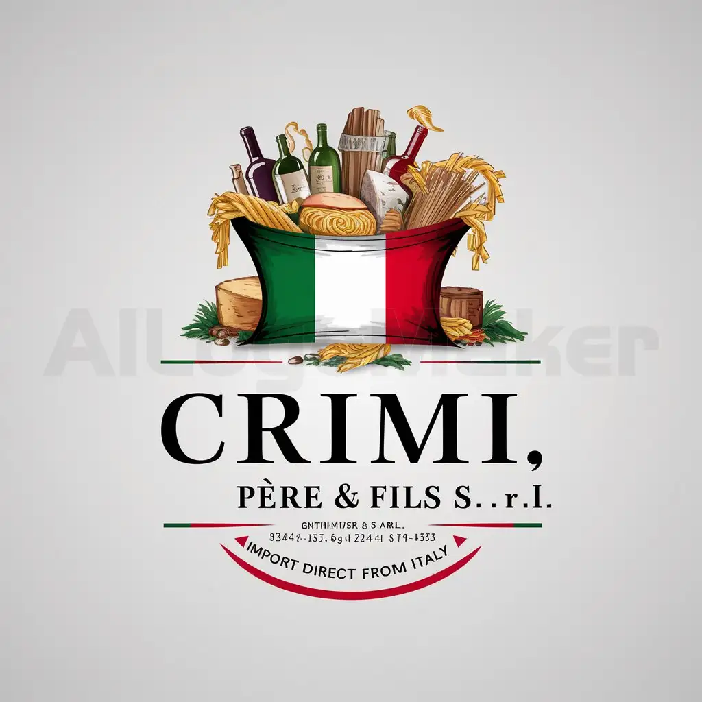 a logo design,with the text "CRIMI Père & Fils  s.r.l.nImport direct from Italyn0473 / 72 95 33", main symbol:Italian products in food with an Italian flag,complex,clear background