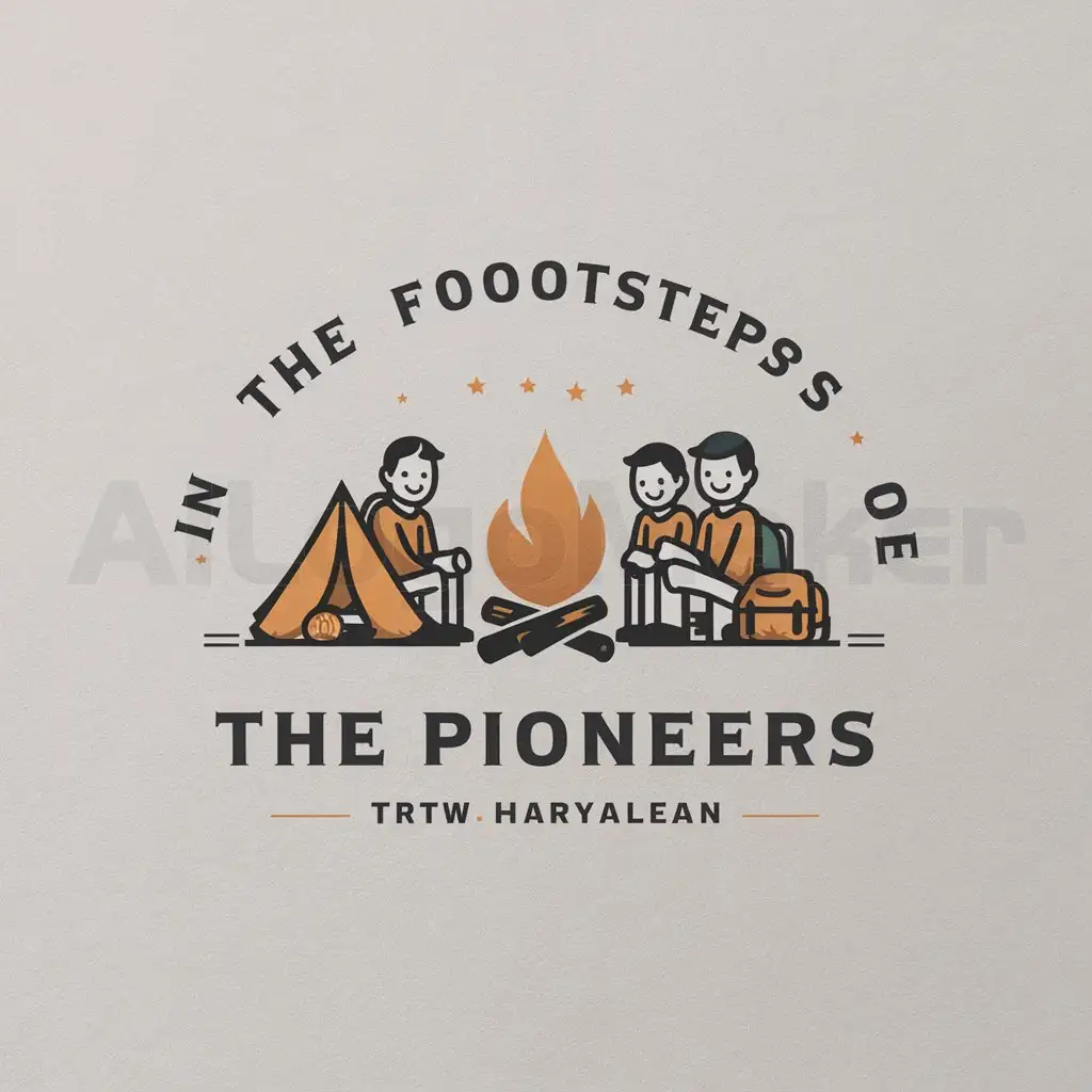 a logo design,with the text "In the footsteps of the pioneers", main symbol:Family travelers sit by the campfire and smile,Moderate,be used in  Travel industry,clear background