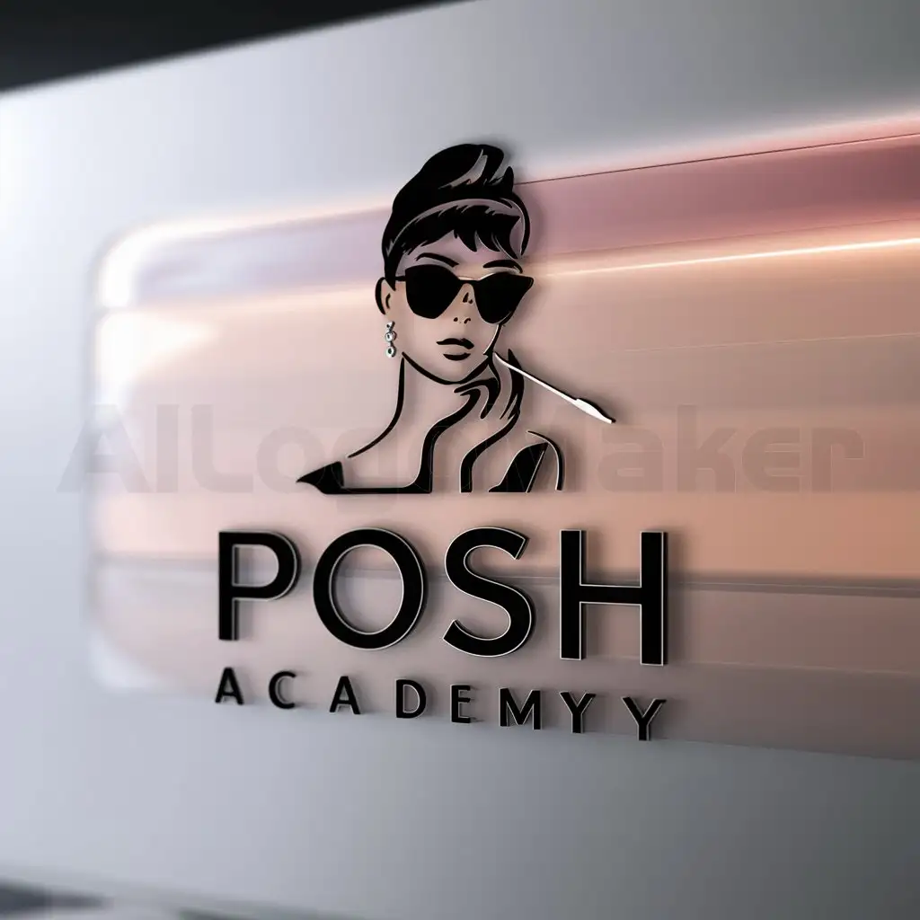 a logo design,with the text 'POSH ACADEMY', main symbol:A beautiful, sophisticated elegant woman with sunglasses on in the style of Audrey Hepburn,Moderate,be used in Beauty and Fashion industry