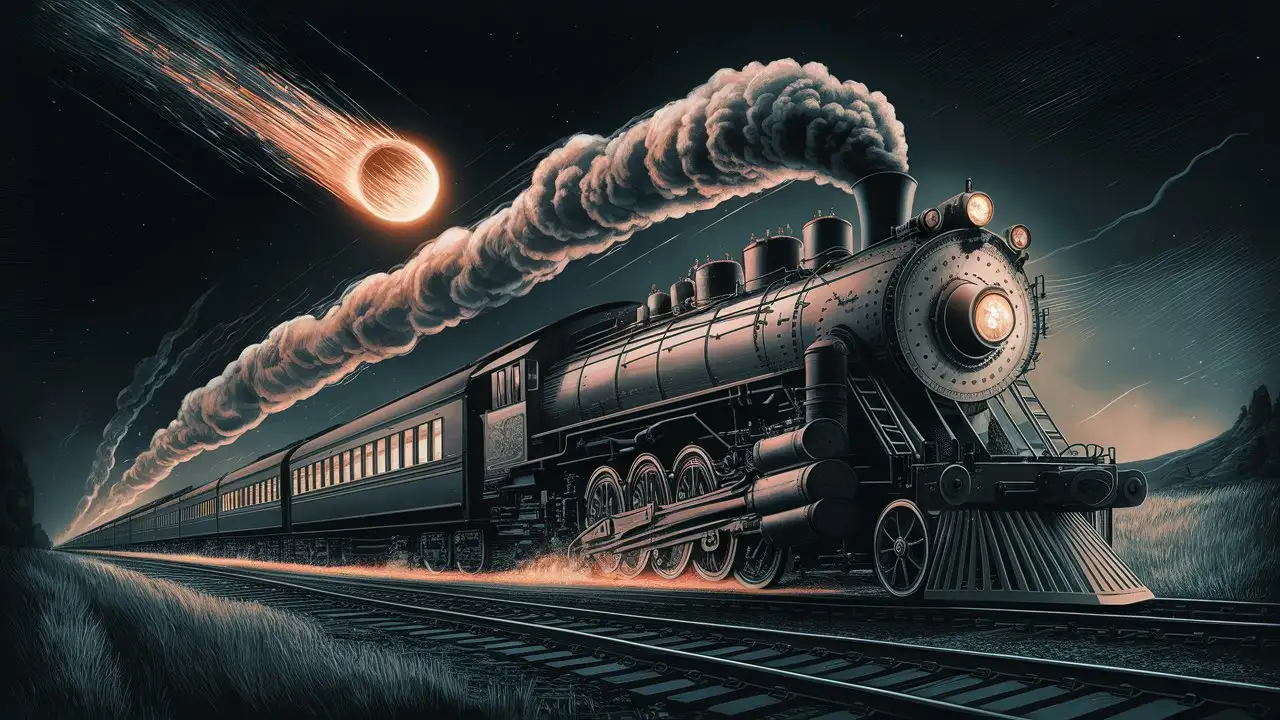 Vintage Train Passing by Meteor Shower