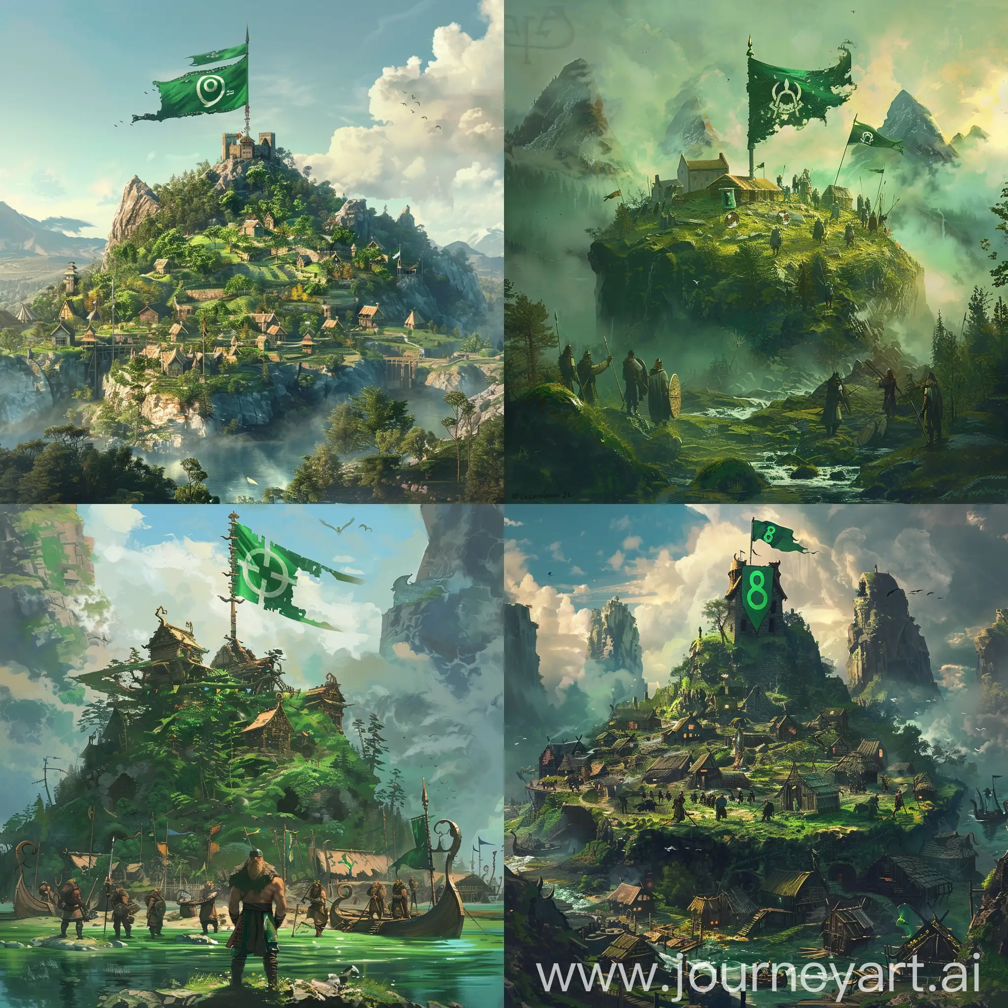 Viking-Village-on-Green-Flag-Island-with-Vegetation