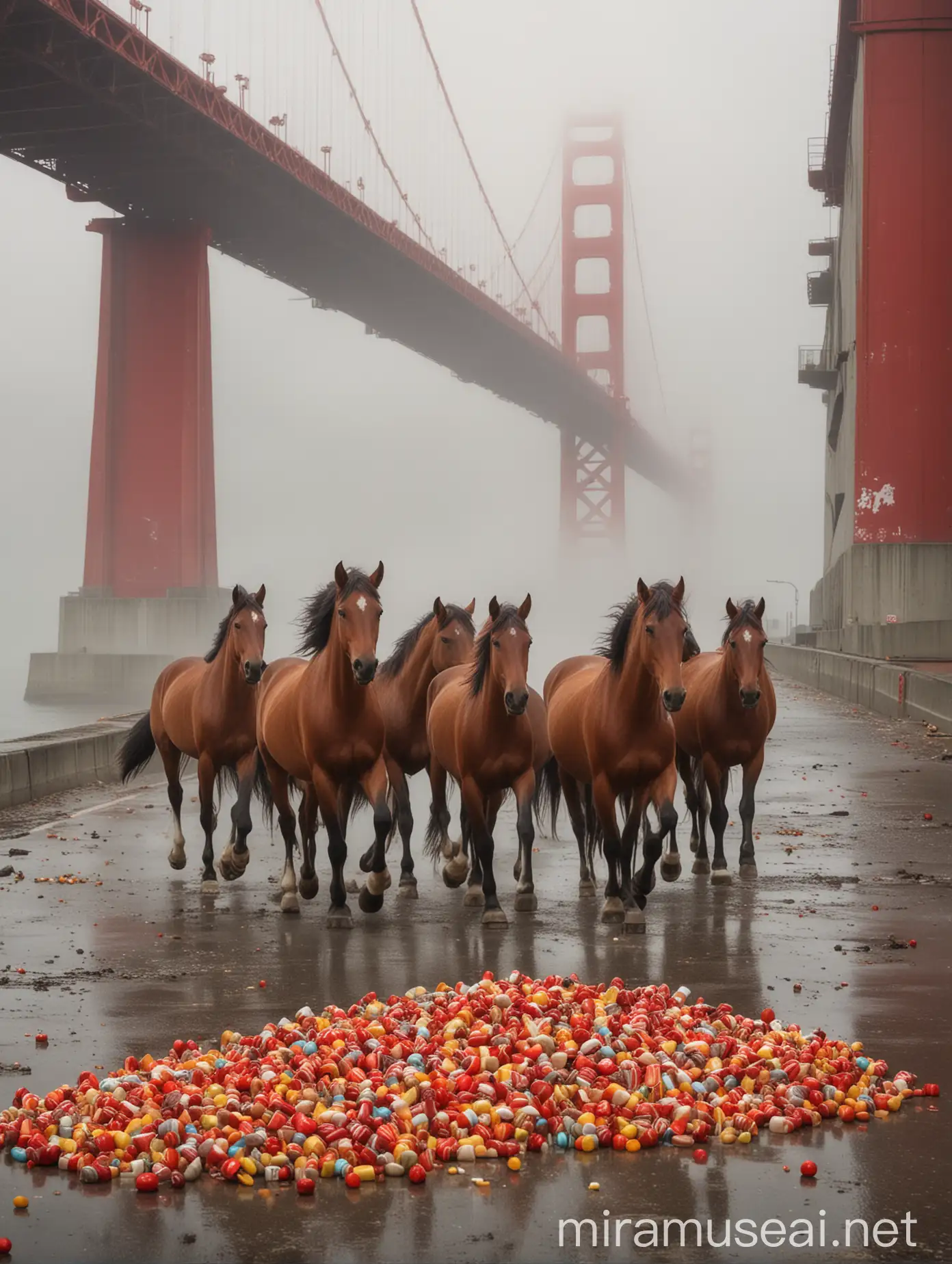  wild horses running on concrete, behind there is visible red san francisco bridge, everything is foggy, whole image should look like movie poster, there are trumpets behind horses arranged in sun rays circular shape, in the first plan there should be big pile of candy and sweets