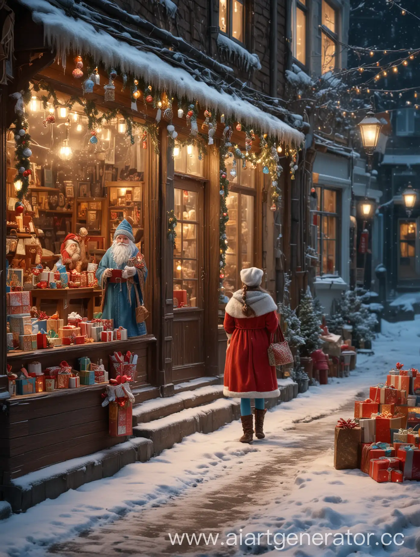 Девочка идет по улице с подарками, зима, светятся гирлянды, горят фонари, из витрины магазина смотрит Дед Мороз, очень реалистично