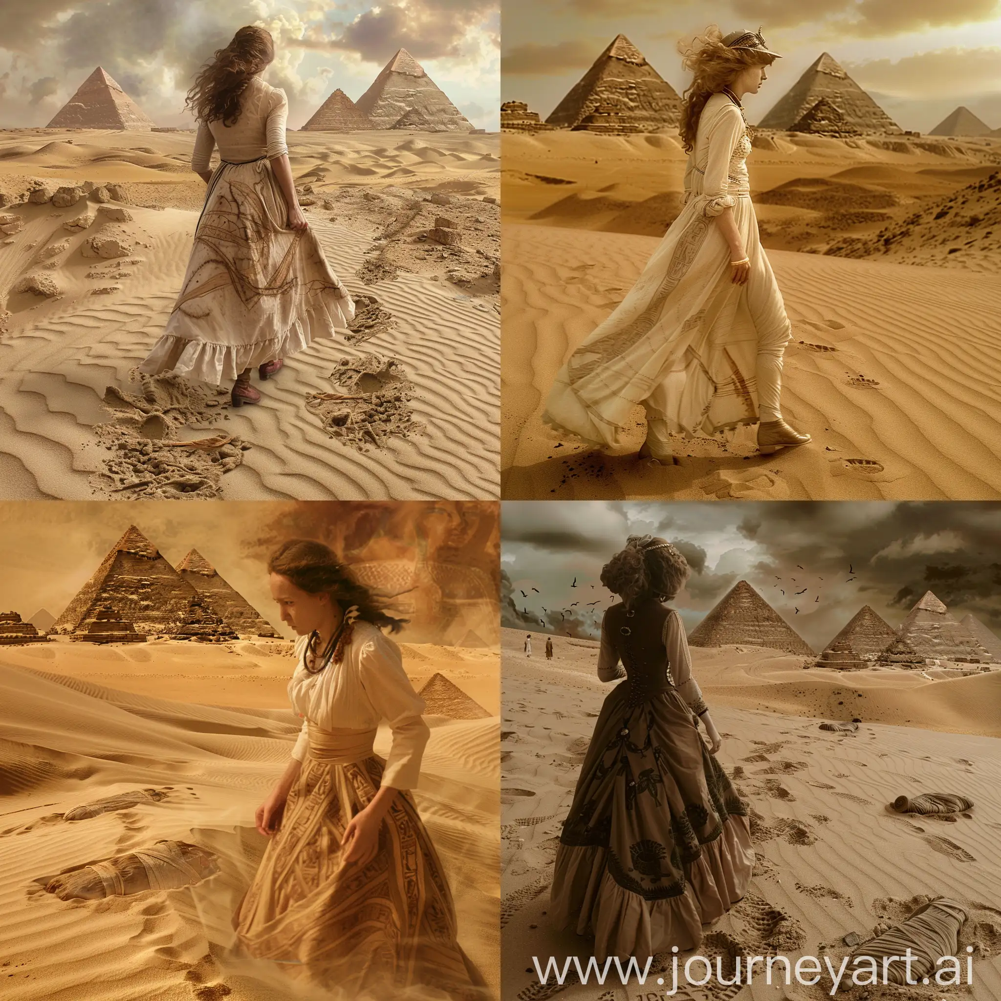Англичанка 19 века на фоне египетских пирамид и песка, на песке находятся странные следы и бинты от мумии