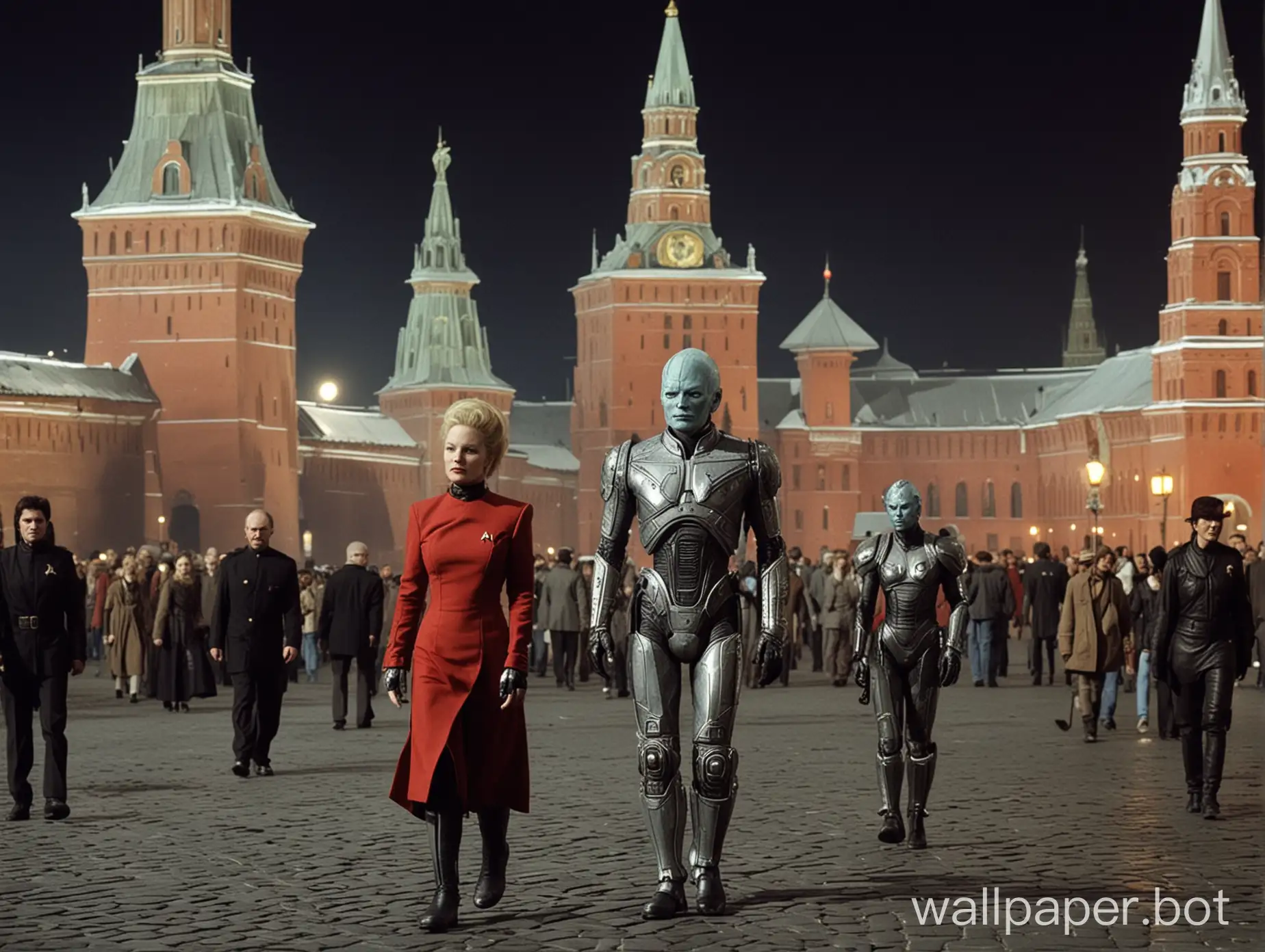 star trek voyager, the borg queen is walking on Red Square, genre science fiction