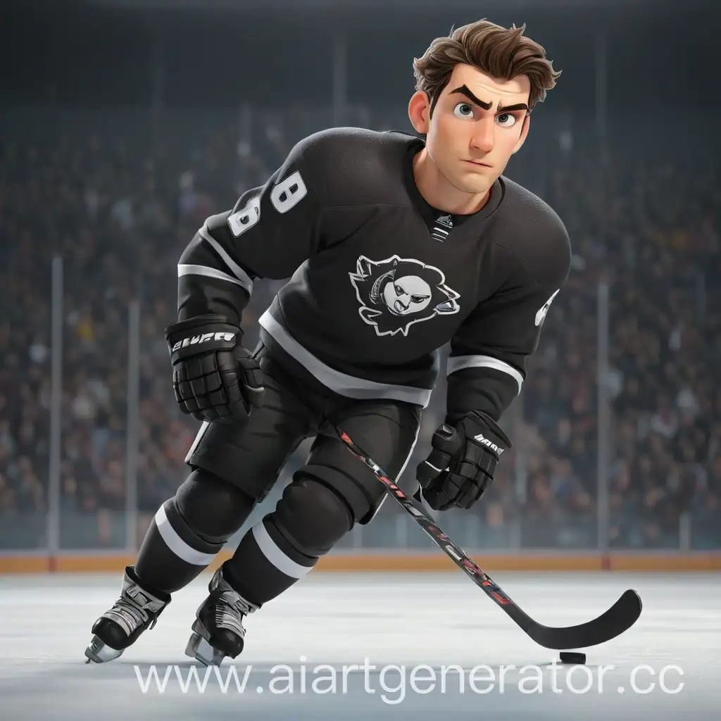 мультяшный красивый мужчина хоккеист в черной форме в полный рост на льду