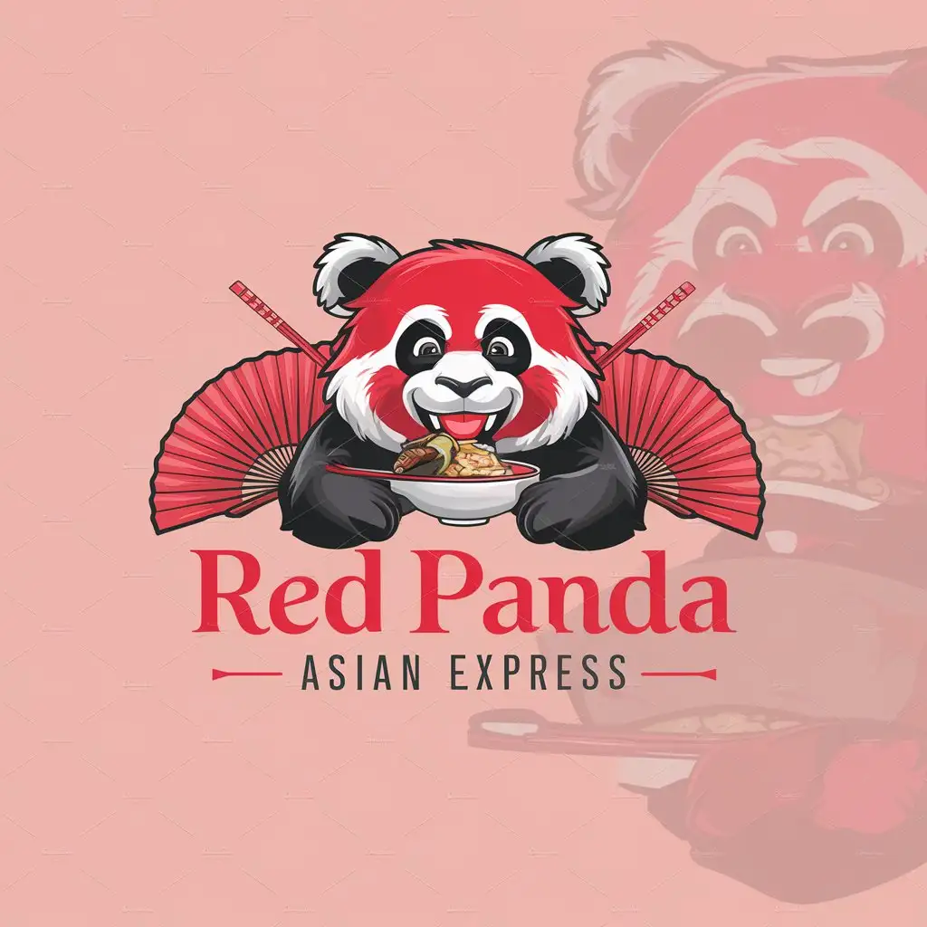 a logo design,with the text "Red Panda Asian Express", main symbol:The logo should include a funny red panda eating something.  , and red fan illustrations and red chopsticks. preferred soft red and black,Moderate,clear background