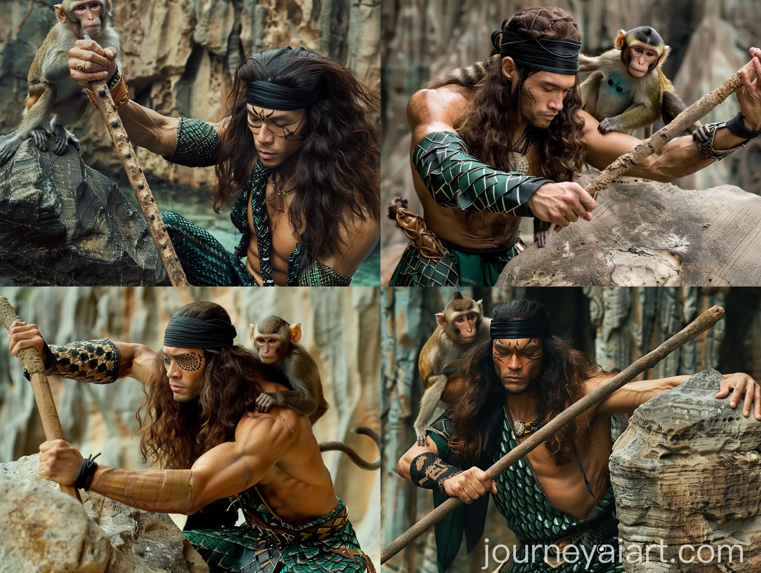 Indonesian-Male-Warrior-with-Sleeping-Blind-Eyes-Strikes-Rock-with-Wooden-Stick