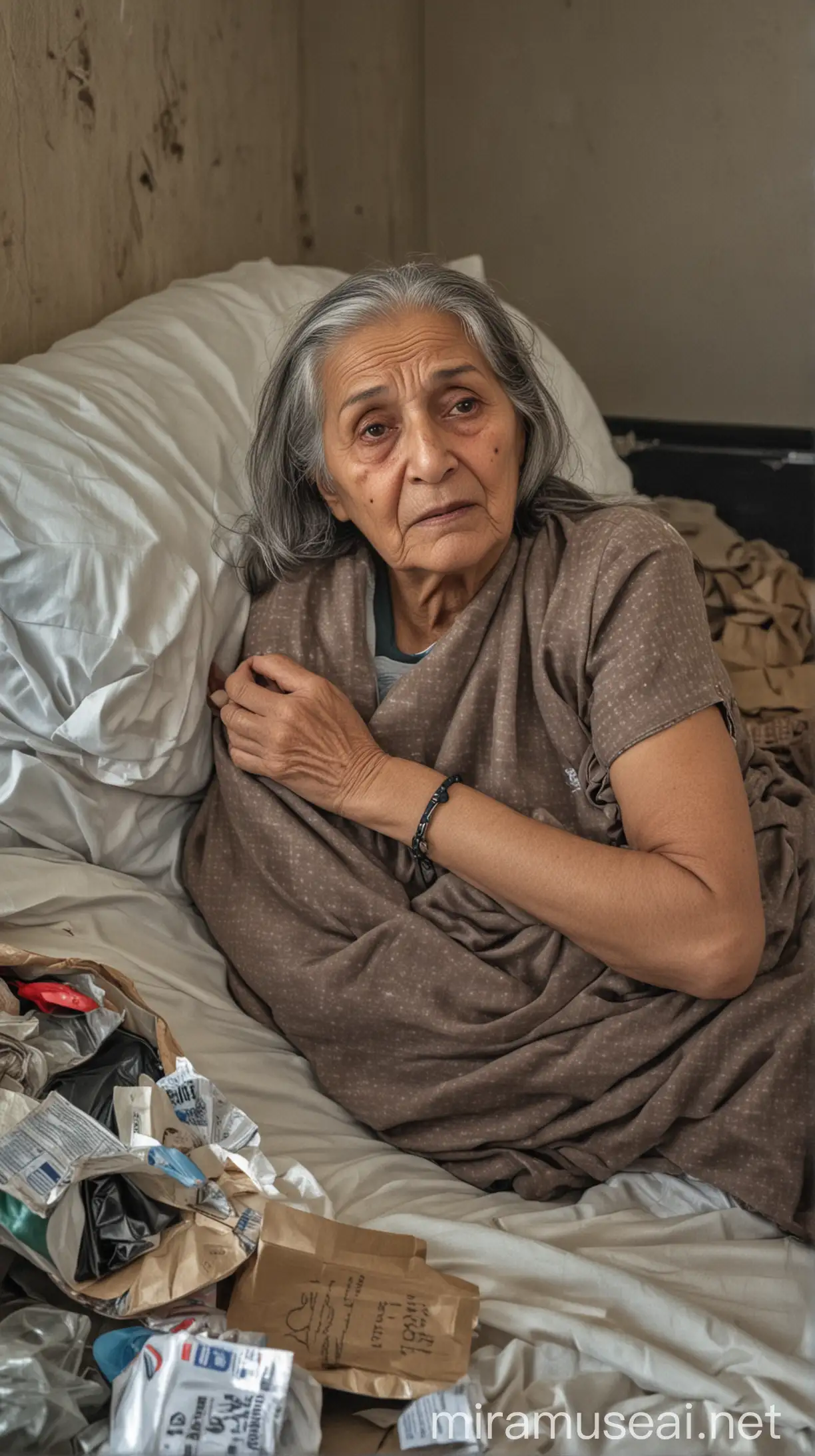 Elderly Woman Umm Mihjan Lying on Sick Bed with Weariness and Sadness