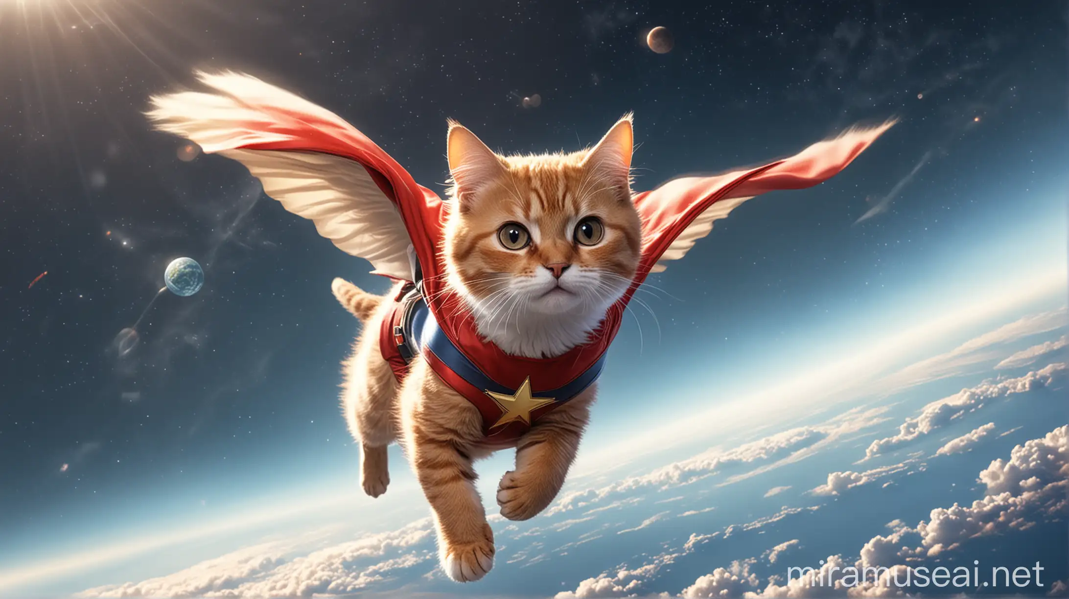 A superhero cat, flying over the earth, it is cute