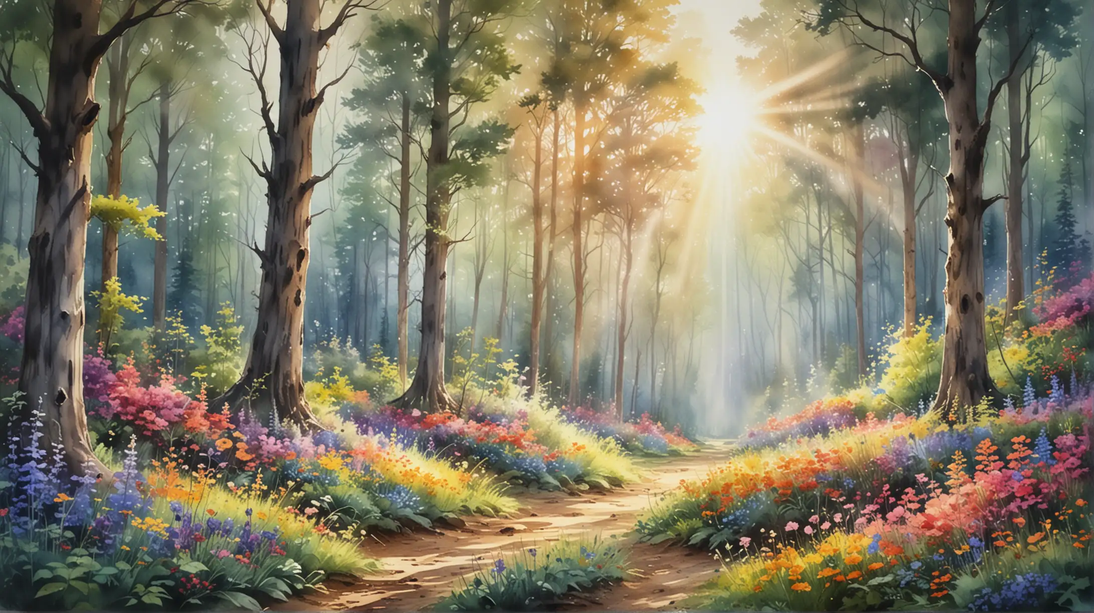 forest scene with light rays shining down from above through the trees, colorful flowers throughout the landscape, in the style of a watercolor