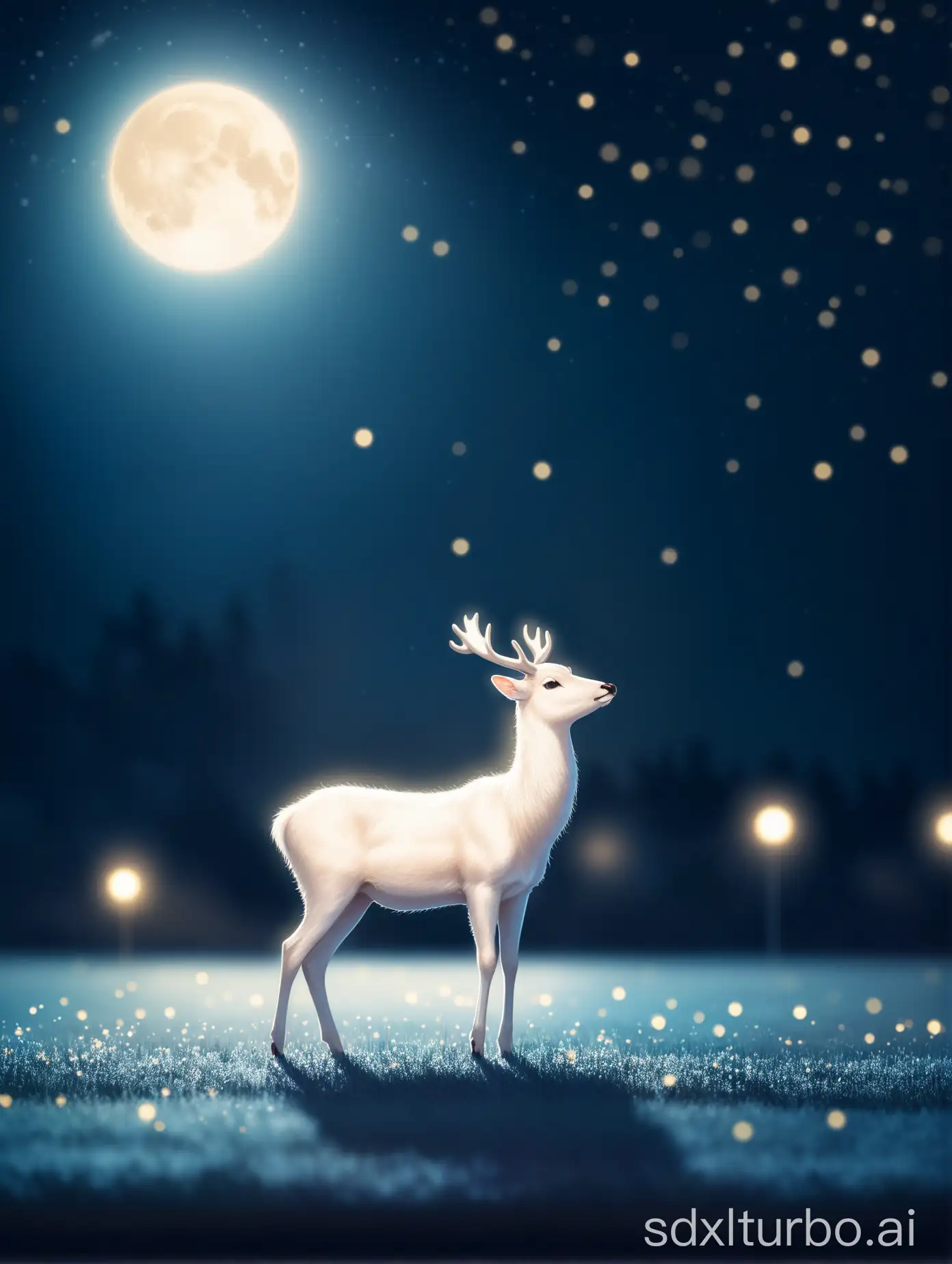 The dreamy and beautiful image of a white deer under the moonlight captured by a tilt-shift lens.