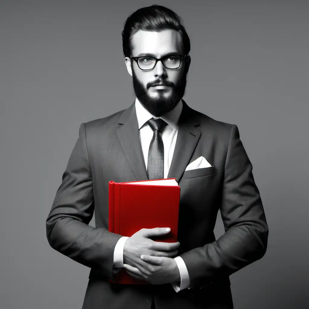black and white picture on grey scale which has a man in a suit with  a red book , he pose is dominant and he has glasses and a beard 
 

