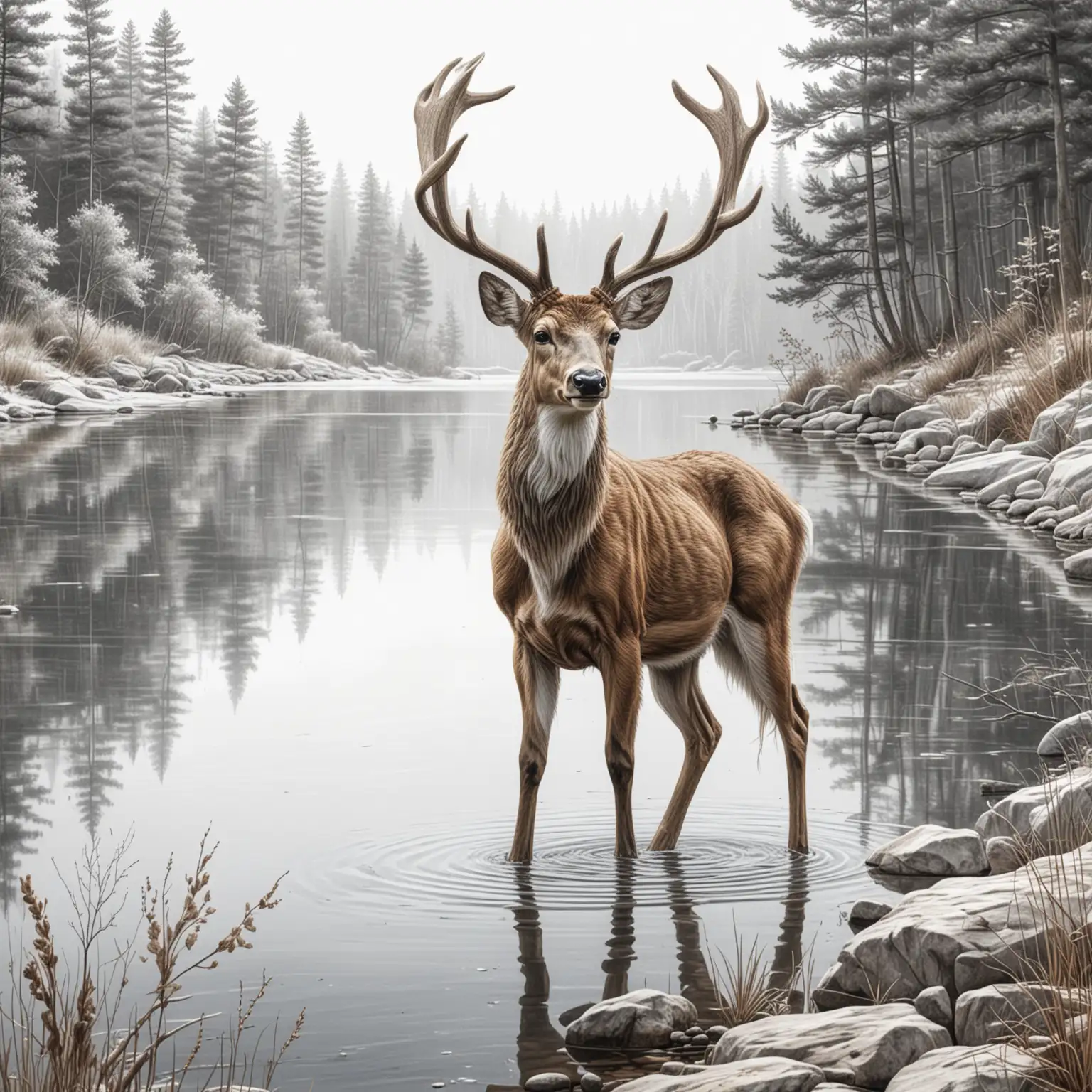 Detailed-Realistic-Drawing-of-a-Beautiful-Deer-by-a-Lake