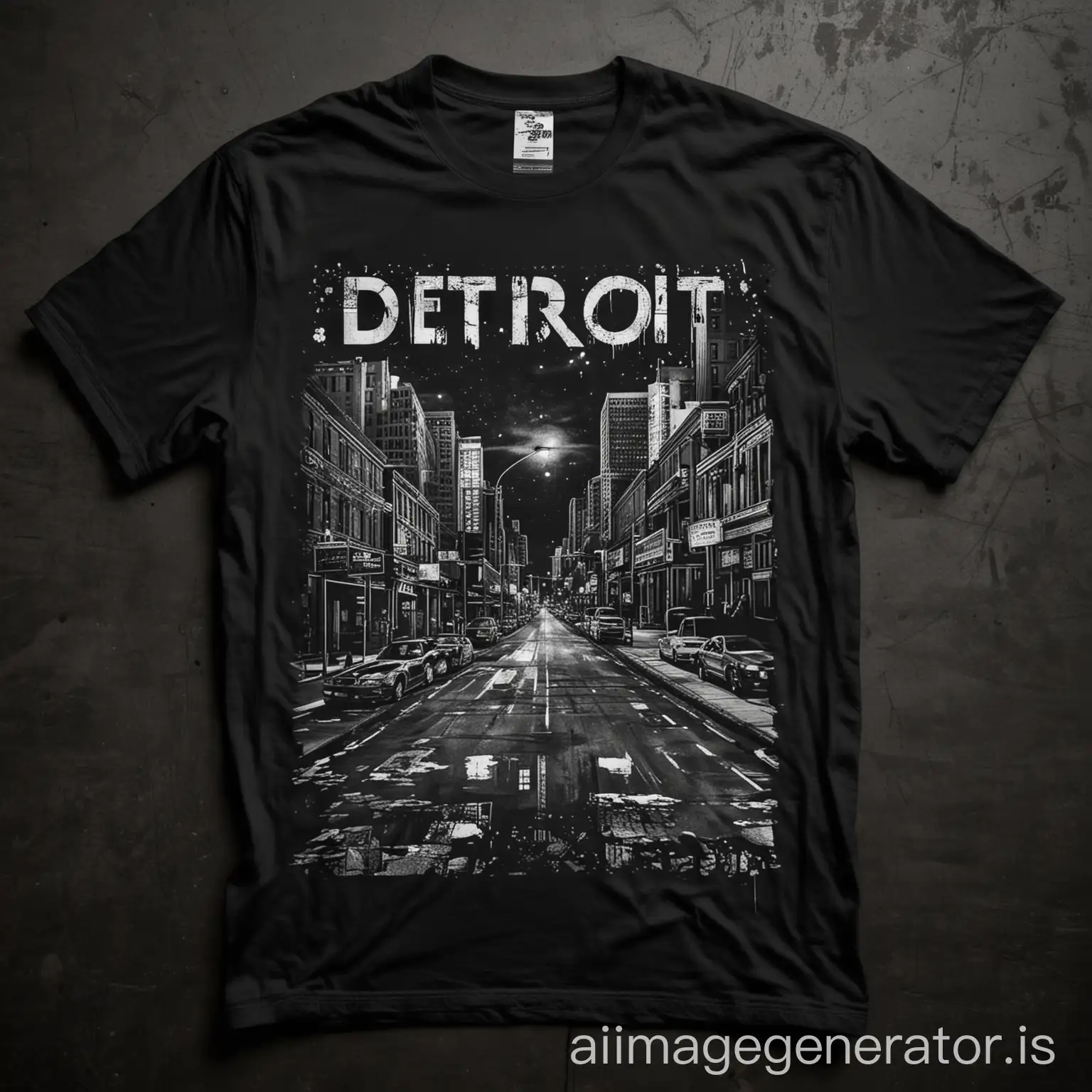 Vibrant-Detroit-Street-Life-Depicted-on-a-Stylish-Black-TShirt