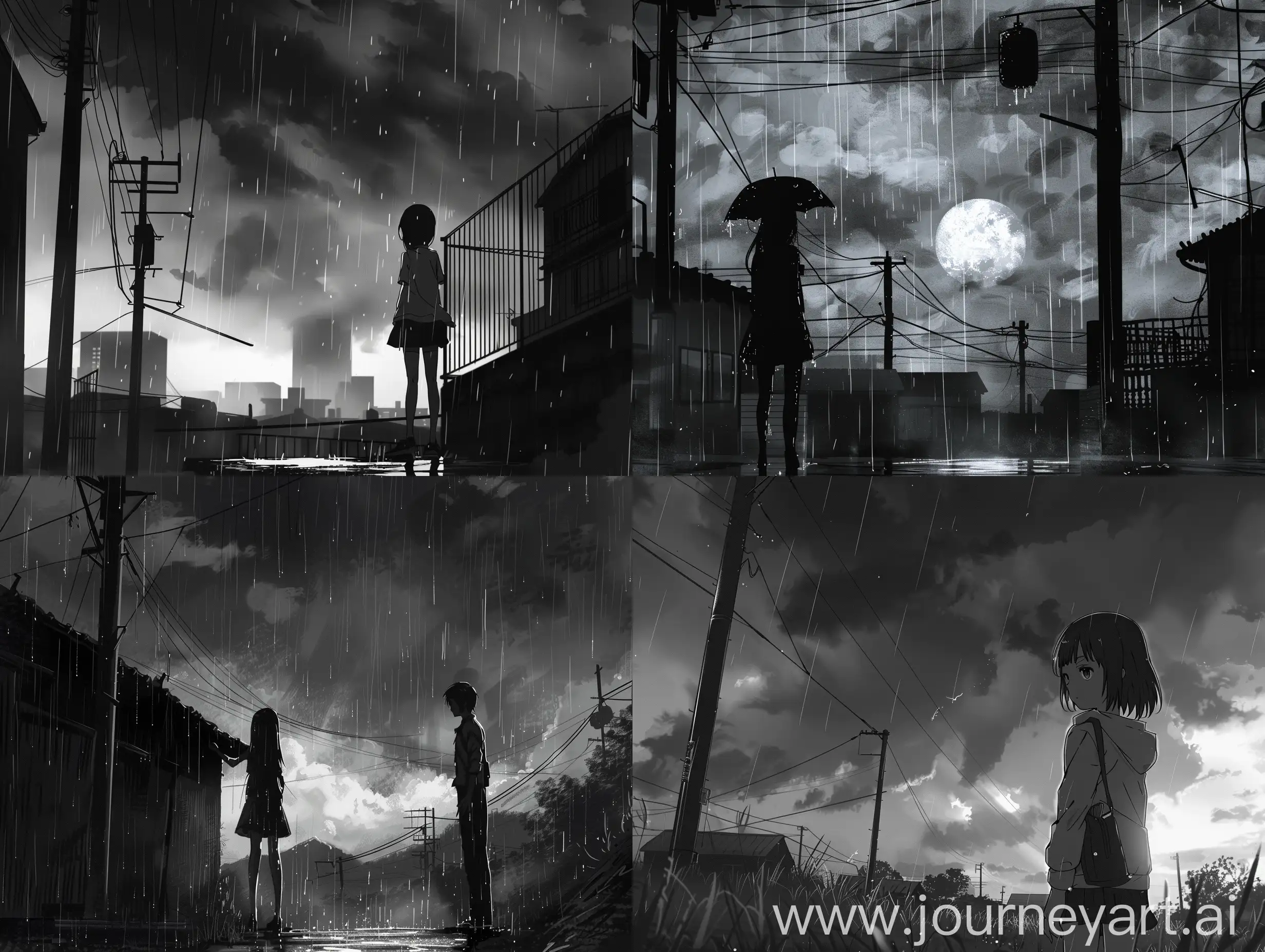 Anime style, a scene of parting with a girl, loneliness, a gloomy atmosphere, in grayscale tones. The setting is melancholic and emotional, with a sense of loss and sorrow. The background should be dark and somber, possibly featuring rain or a cloudy sky, to enhance the mood. The characters should express deep sadness, with the girl walking away and the protagonist looking forlorn
