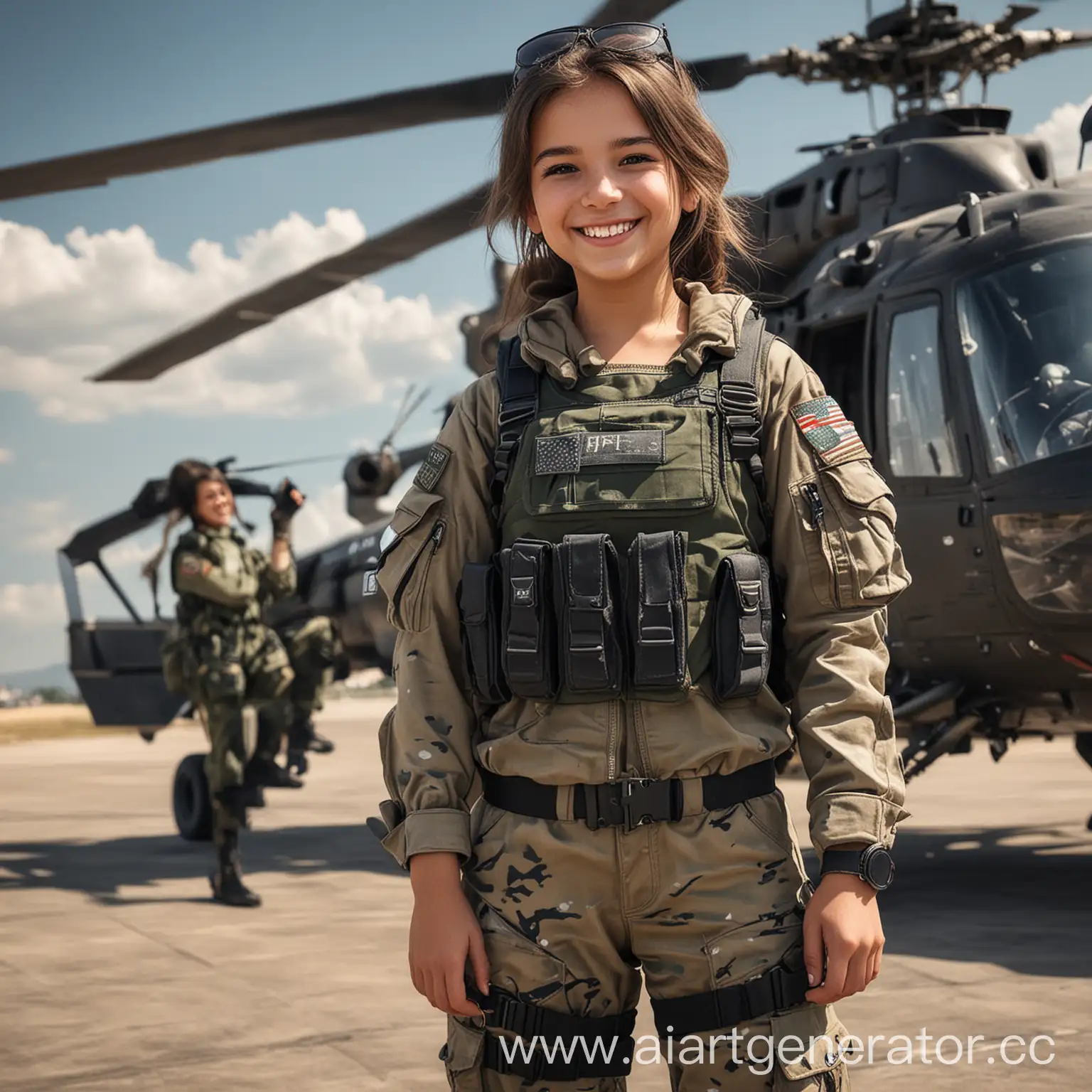 cute, girl 16 years old, short, in special forces armor, special forces clothing, smiling, military helicopter behind, neat, cute, full-length, realistic