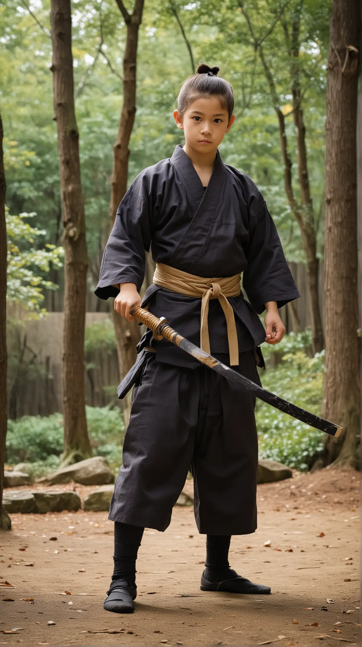 Young Samurai Apprentice Training with Wooden Sword