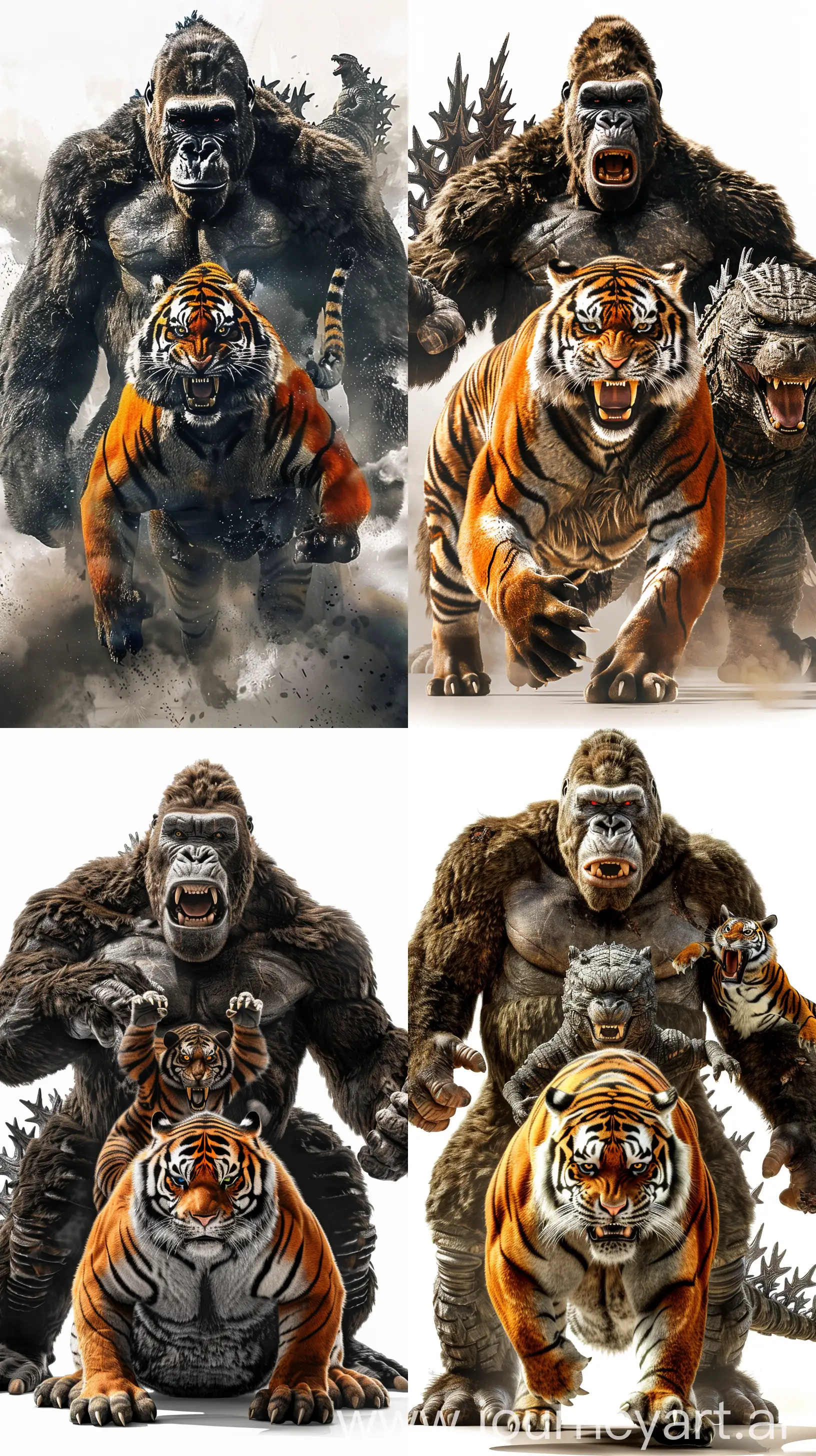 Create image of king Kong,tiger and godzilla,png,front view,dangerous view. --ar 9:16