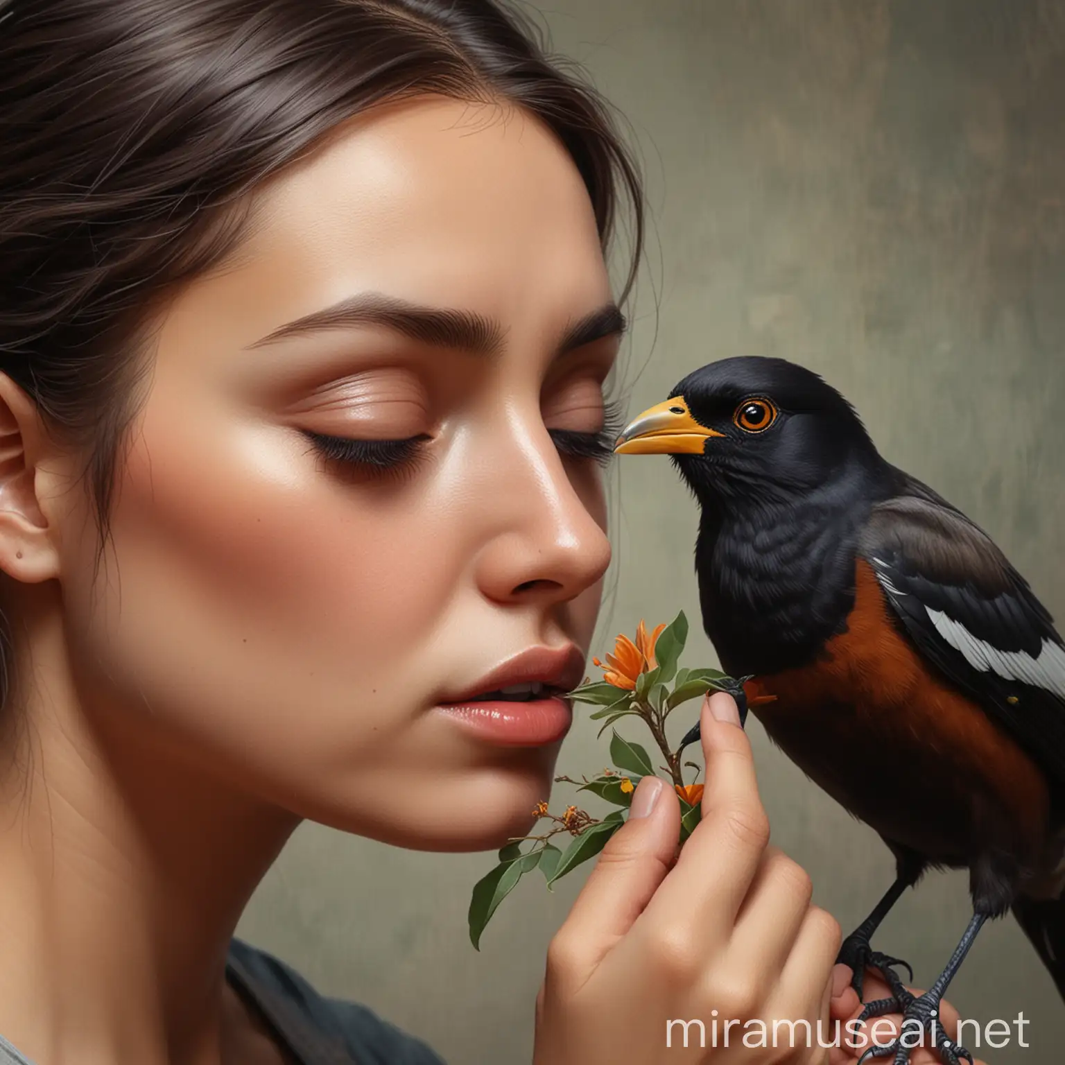Create a hyperrealistic digital painting of a scene in which a woman gently holds one of her eyes open with her finger.  Beside him, a myna bird with a flower curled into its beak leans towards his eye, its beak open as if ready to look inside.