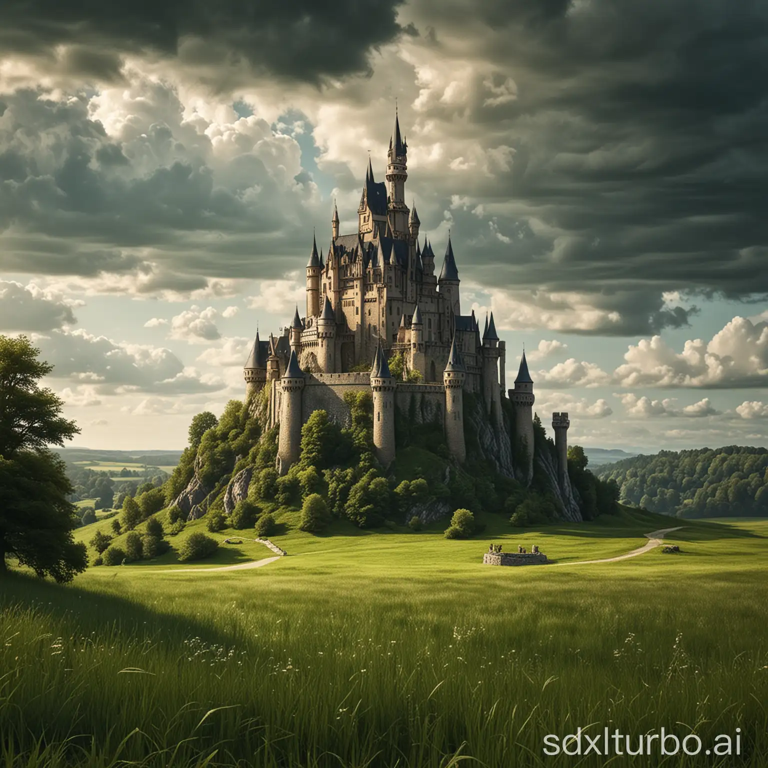 I want a landscape outdoors with a castle in the background and an area in front of flat grass