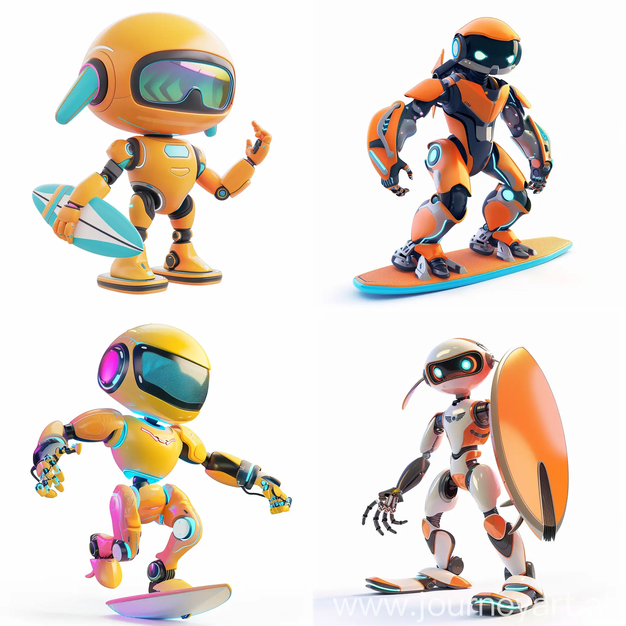 3d style for the game,  Surfer robot, Appearance: Bright, dynamic design with smooth lines reminiscent of a surfboard, May have sunglasses and elements associated with the sea, white background