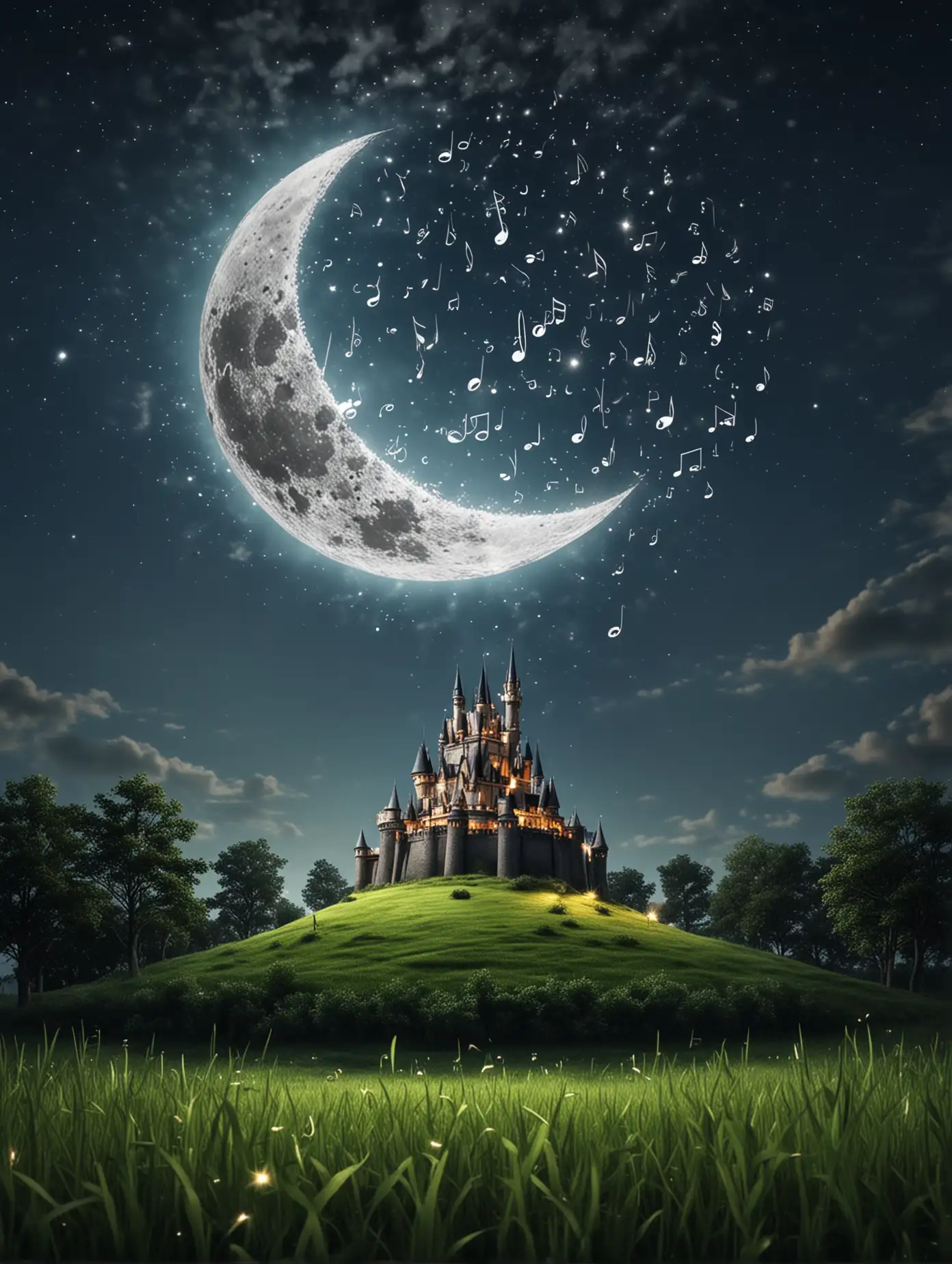 Moonlit Castle with Floating Notes in Clear Sky Background