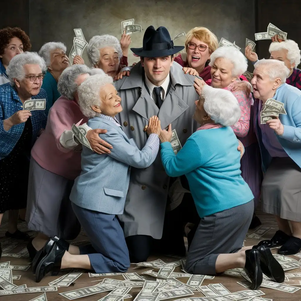 The humorous photo shows a handsome detective in a classic detective outfit, surrounded in a hilarious way by a group of much older women. They hug him and kneel next to him, holding $500 bills in their hands, which are also scattered on the floor. The scene is clearly exaggerated and full of comedy, which emphasizes the absurdity of the situation