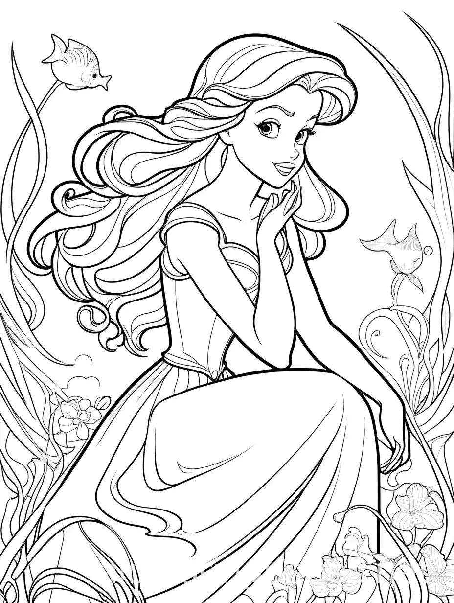 Ariel disney uncolored drawings, Coloring Page, black and white, line art, white background, Simplicity, Ample White Space. The background of the coloring page is plain white to make it easy for young children to color within the lines. The outlines of all the subjects are easy to distinguish, making it simple for kids to color without too much difficulty