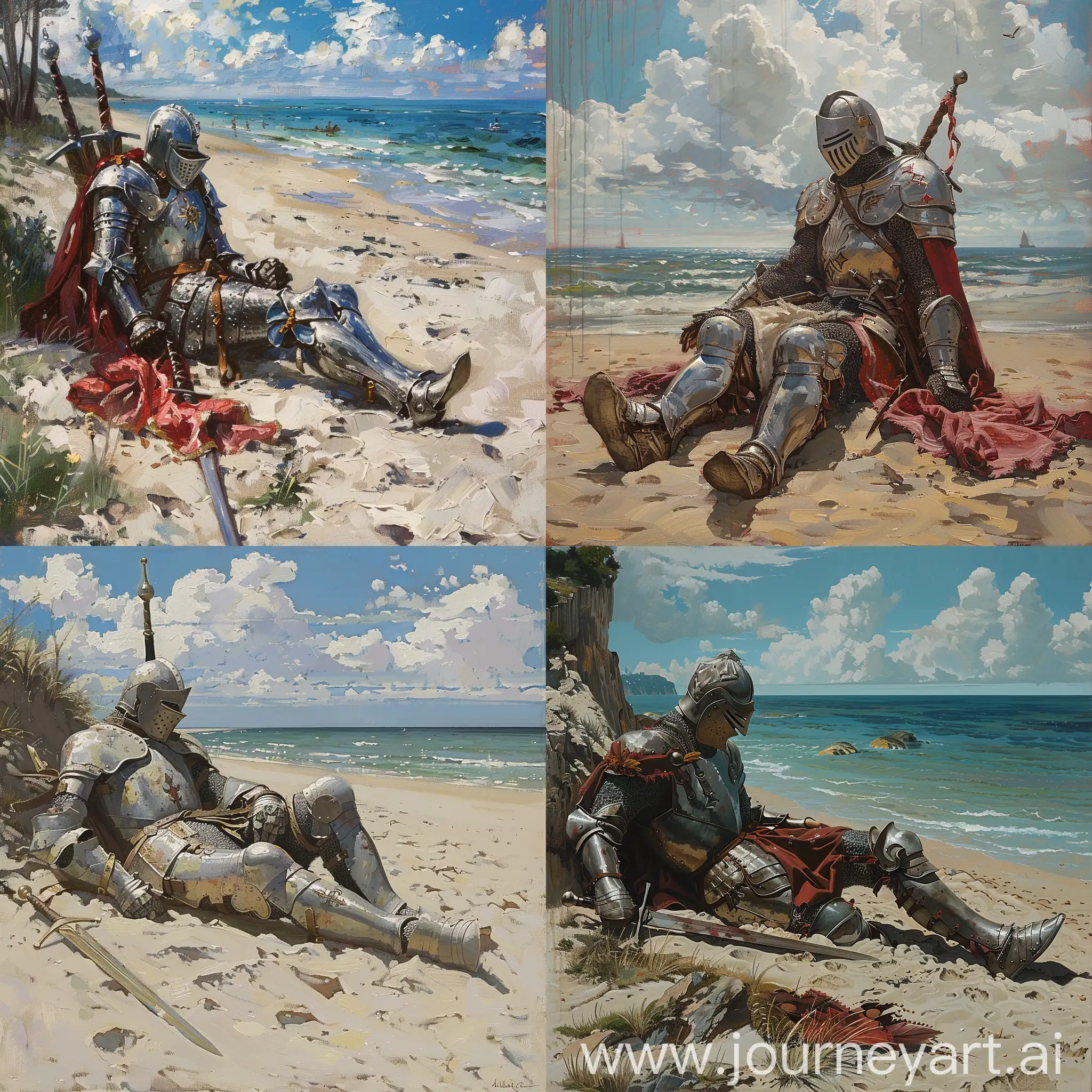 painting of a knight resting on the beach
