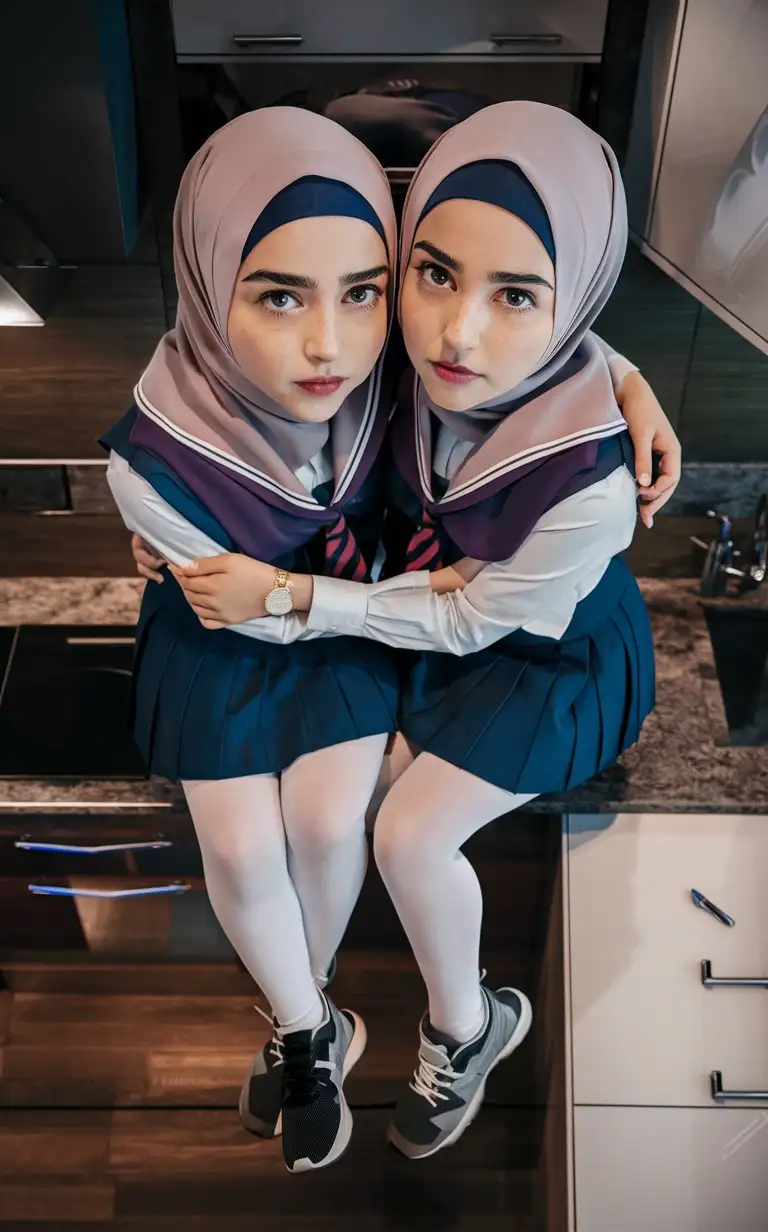 2 girl.  14 years old. They wear a modern hijab, school skirt, tight shirts, white opaque tights, sport shoes.
They are beautiful.
In kitchen. They sits on the kitchen countertrops. well-groomed, turkish, quality face, plump lips.
Bird's eye view, top view, serious face, hugs