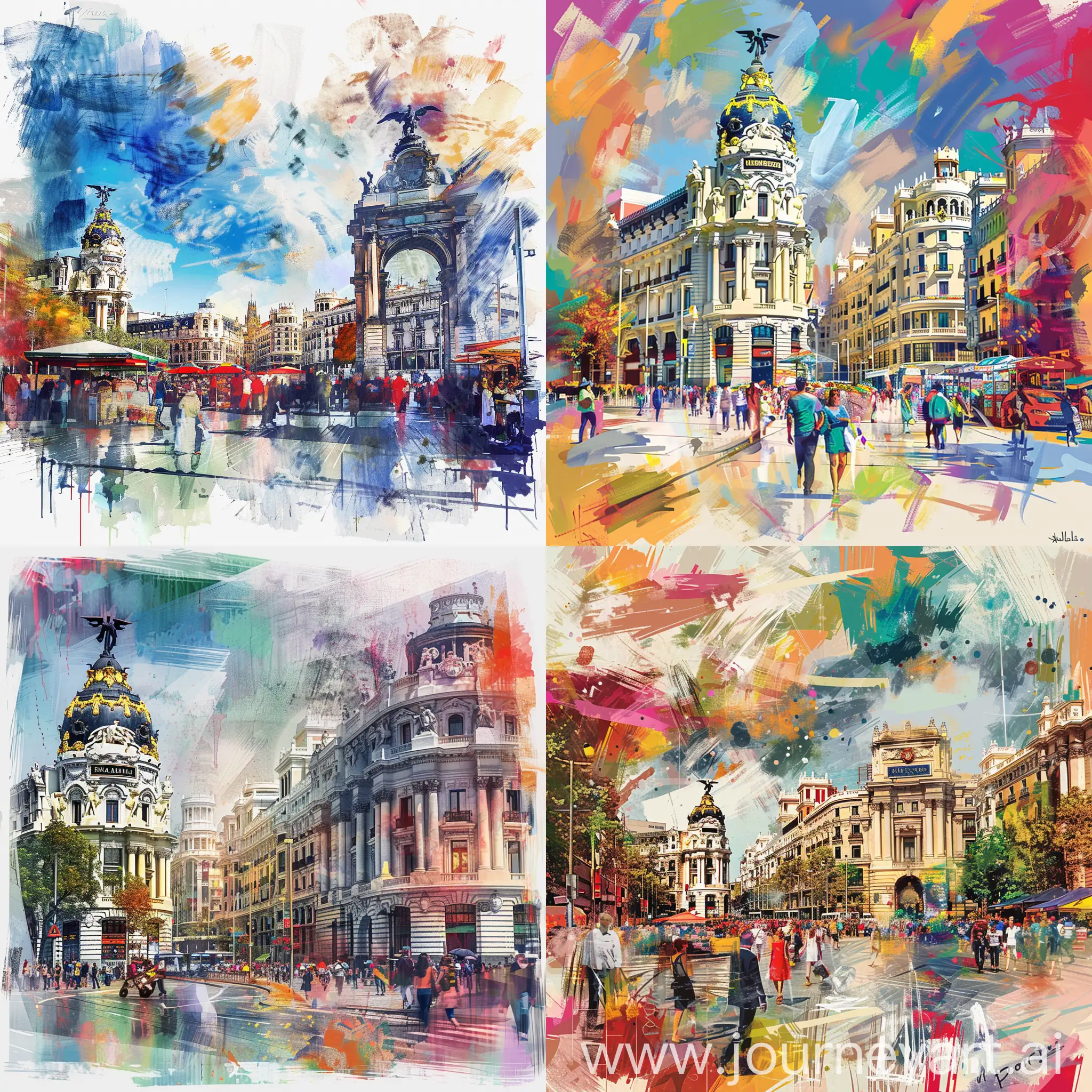 Use a combination of artistic styles that reflect the diversity and energy of Madrid. It incorporates recognizable elements of the city, such as the Puerta de Alcalá, the Royal Palace, the Prado Museum and the La Latina street market. Experiment with vibrant colors and dynamic brush strokes to create an image that inspires the desire to travel and discover.
