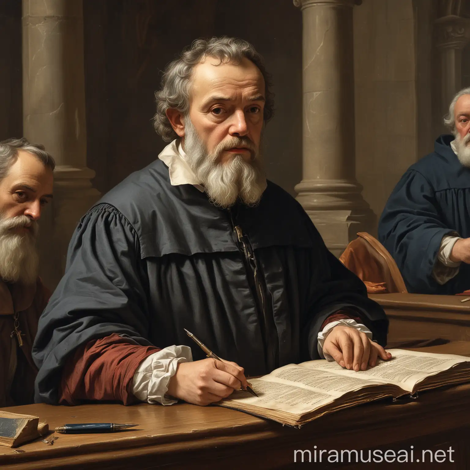 Draw Galileo on trial in church.