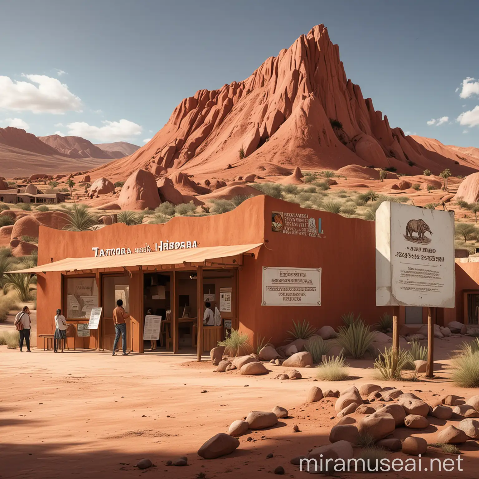 Create an illustration representing the Tatacoa Natural History Museum's new policy of requesting advance payment. The image should depict the museum's exterior with a welcoming banner that reads 'Advance Payment Required'. Include elements like a ticket booth or reception area where visitors are seen paying in advance, with a background showcasing the desert landscape typical of Tatacoa
