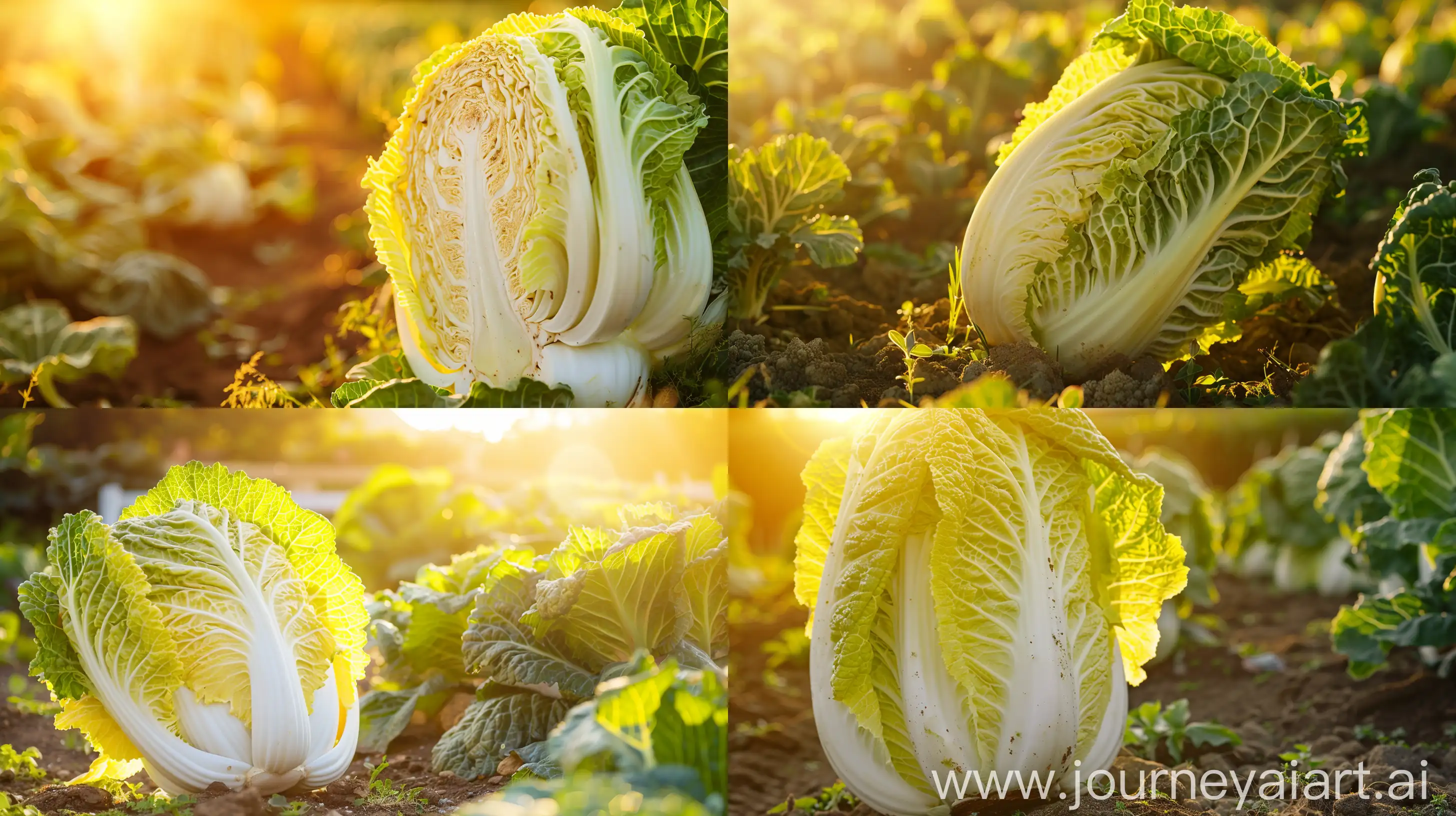 High detailed photo capturing a Cabbage, Napa, Barrel Head Hybrid. The sun, casting a warm, golden glow, bathes the scene in a serene ambiance, illuminating the intricate details of each element. The composition centers on a Cabbage, Napa, Barrel Head Hybrid. Almost twice the size of regular Napa cabbage! An astonishment of color, extra-large 4½ lb. cylindrical heads are jam-packed with crispy, white-ribbed, pale-green outer leaves and yellow inner leaves; one huge barrel of subtle, refreshing cabbage flavor.. The image evokes a sense of tranquility and natural beauty, inviting viewers to immerse themselves in the splendor of the landscape. --ar 16:9 
