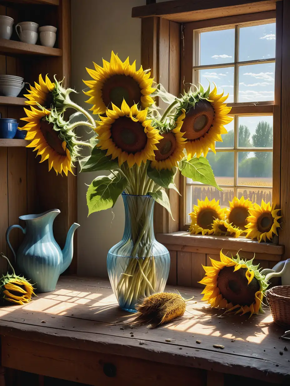 to look like a van gogh painting create a still life of vase with sunflowers in a country kitchen on an old wooden table in the middle of the room with cutting accessories and a 3 sunflower stems lying alongside the vasewith a large window and showing the a sizeable portion side wall allowing for the sunlight in the morning