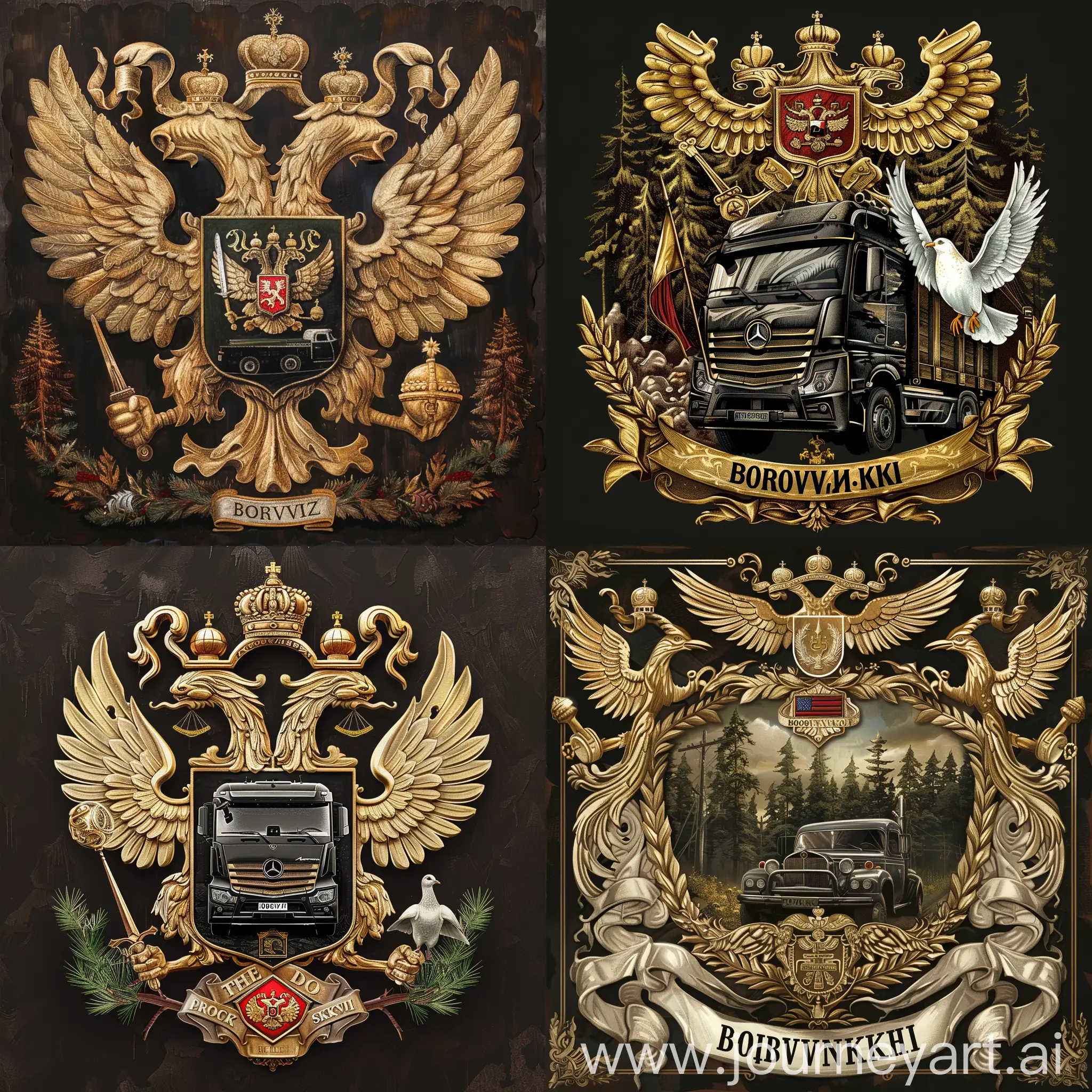 Draw a family crest in the form of a large beautiful golden shield in a Russian style, divided into four equal parts. In the upper left part, depict a modern black truck with red elements and a Mercedes logo driving somewhere. In the upper right part, depict Themis, the goddess of justice, with a sword and scales, in white attire, looking like the statue of the goddess herself. In the lower left part, depict a white dove of peace flying with an olive branch in its beak. In the lower right part, depict a dense green pine forest. At the bottom of the shield, make a majestic inscription "Borovinskikh" in black color. The background of the picture should be dark and unobtrusive. Draw the picture in a hyper-realistic style with detailed lighting and shadows as if a real artist has been painting it for 10 years.