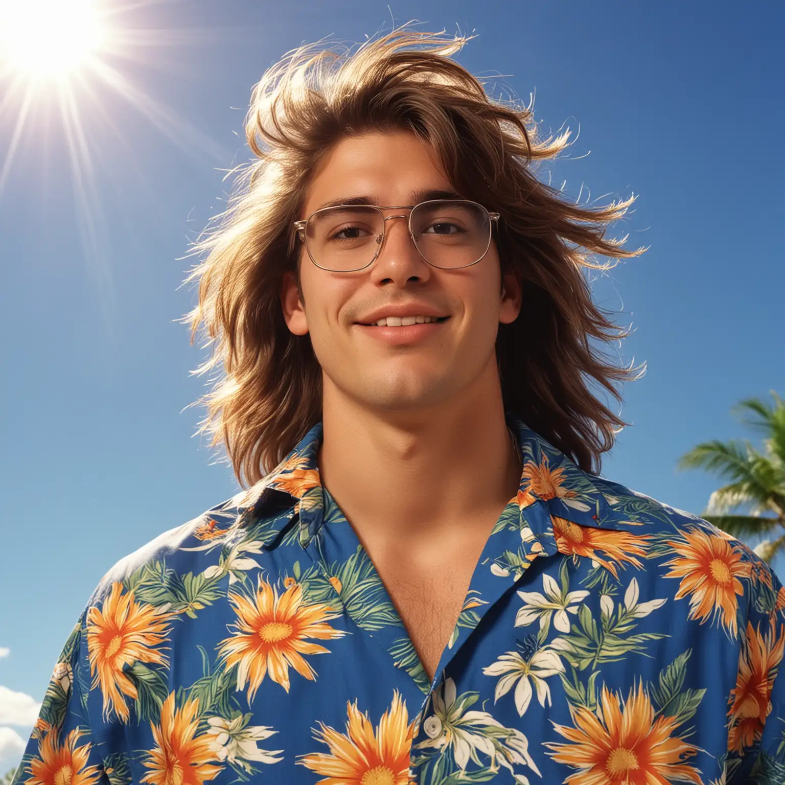 90's young man with glasses, really thick hair, hawaiian shirt shirt, blue sky and sunshine background with sunburst