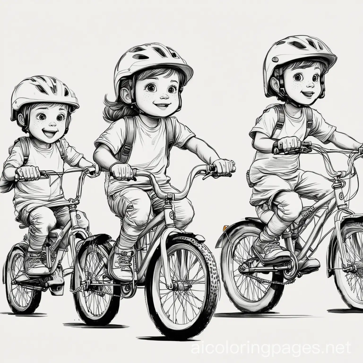 A group of kids riding bikes, all wearing helmets and knee pads, Coloring Page, black and white, line art, white background, Simplicity, Ample White Space. The background of the coloring page is plain white to make it easy for young children to color within the lines. The outlines of all the subjects are easy to distinguish, making it simple for kids to color without too much difficulty