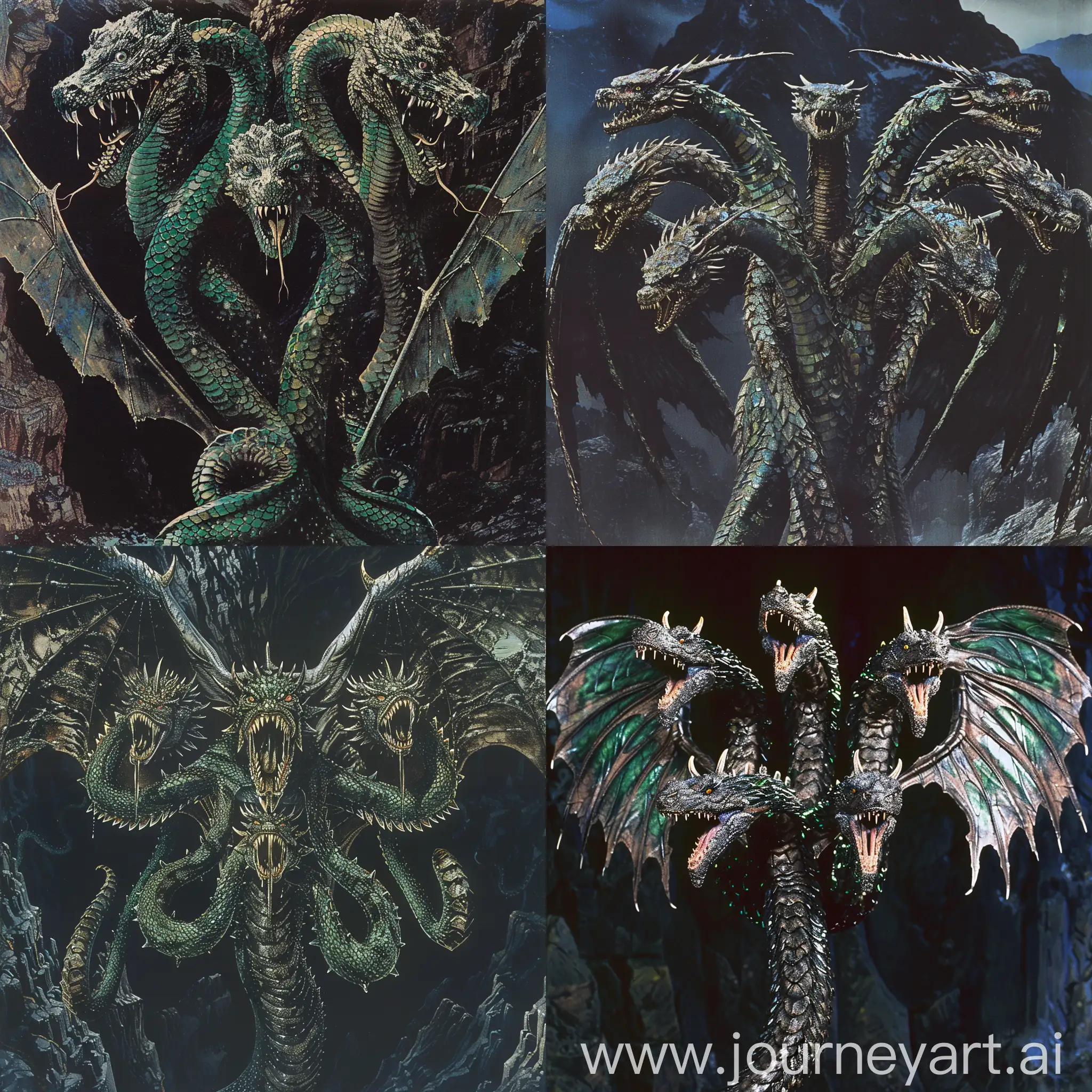 dvd screenshot of 1987 Dark Souls fantasy film Illustrated. Lernaean Hydra, a mythological creature with multiple serpentine heads, each featuring piercing eyes and vivid fangs. Add a pair of gigantic wings, akin to those of a dragon, adorned with shimmering scales reflecting shades of green and black. The Hydra’s skin is slick, covered with hard, iridescent scales that seem to change color under different angles of light. Its long tails, branching off from the end of each spinal column, culminate in sharp tips, adding a menacing aspect to its already imposing stature. The wings have a formidable wingspan, and when fully extended, they are capable of casting an eclipse with their shadow, emanating an aura of power and terror. Full body in the dark mountains.