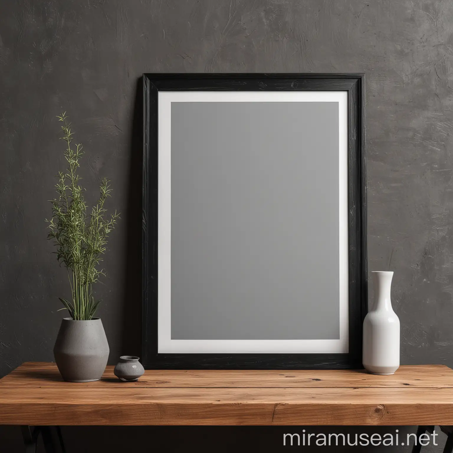 A4 black frame frontal mockup on a wooden desk and a dark grey wall behind the frame