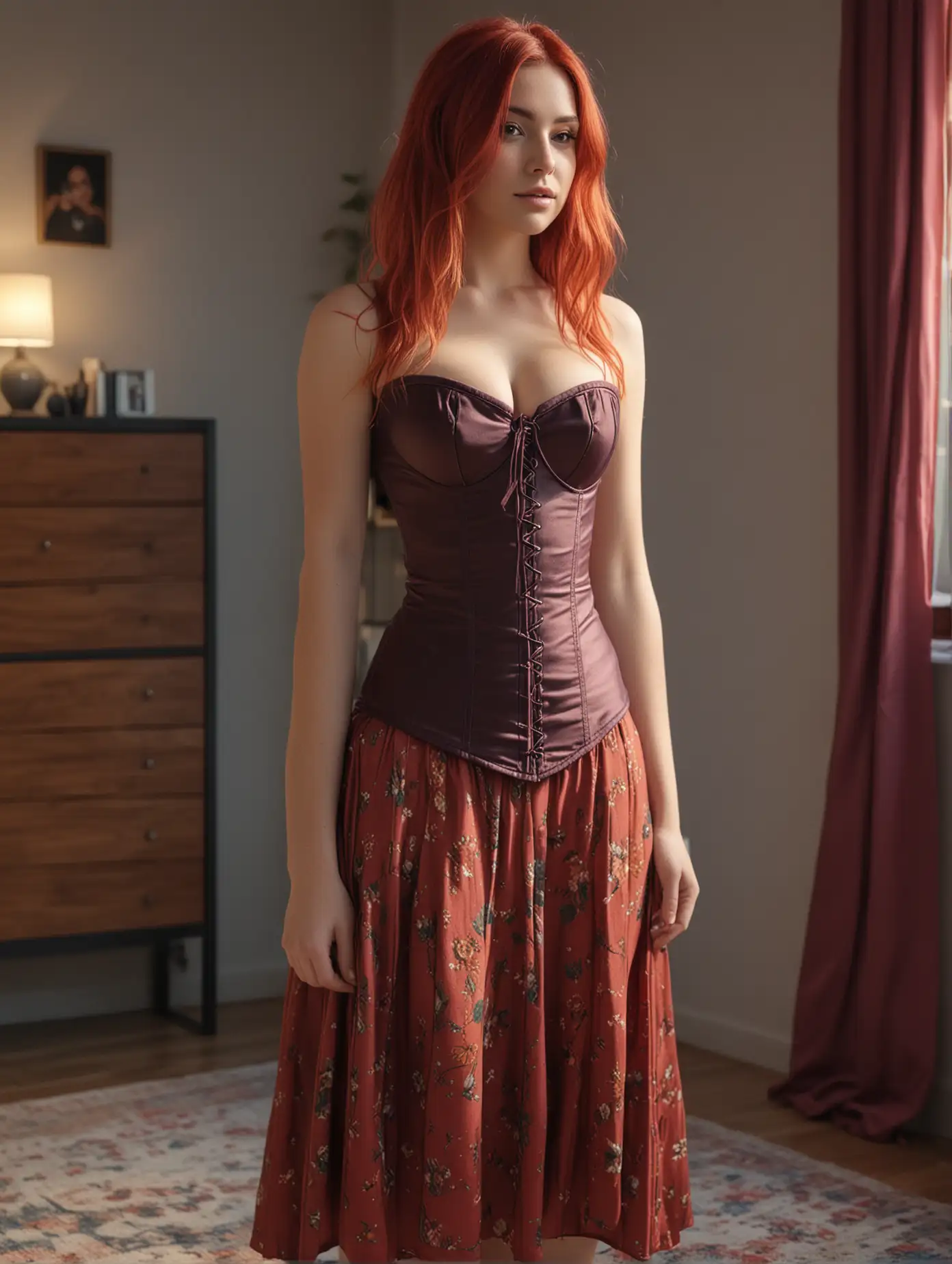 (distance),(((front view perspective))), create a realistic 3d image of a woman with long multicolored hair, she is wearing a long fitted maroon midi skirt and a multicolored corset, her hands are on her waist, she is in a living room,((perfect female body, narrow waist, wide hips)), 8k uhd, dslr, soft lighting, high quality, film grain, Fujifilm XT3,  Ultra-detail, Real, Photorealistic, High-definition face drawing, RAW photo