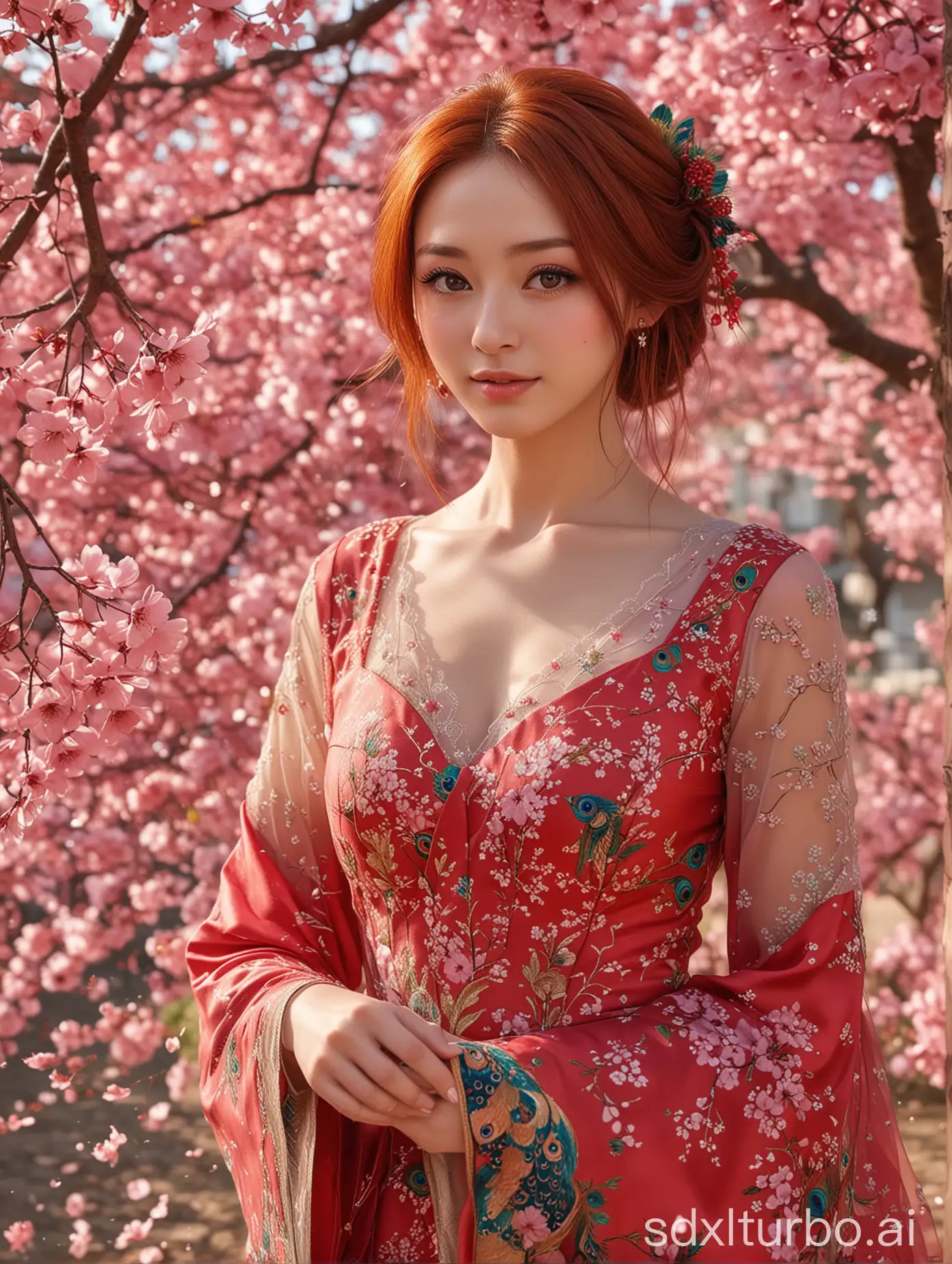 1girl, Sweet face, full body, medium breasts, charming eyes, looking to audience, {beautiful and detailed eyes}, eye smile, ((nervous and embarrassed)), sexy lips, delicate facial features,((model pose)), Glamor body type, (red hair:1.2),  long  hair, beautiful peacock dress , spring morning, under sakura tree, full body (sakura petals scattered), flim grain, masterpiece, Best Quality, natural and soft light photorealistic, ultra-detailed, finely detailed, high resolution, sharp-focus, glowing forehead, perfect shading, highres, photorealistic,perfect fingers,full_body,xuer peacock feather, Huge flowers