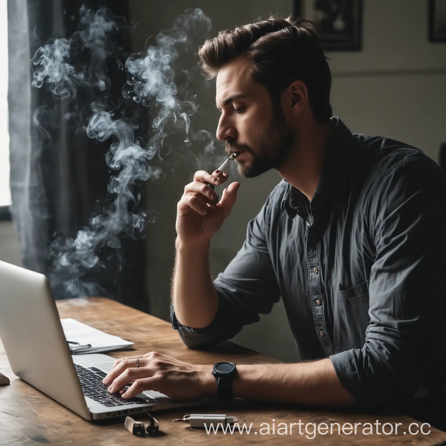 Man sitting at a desk, laptop on the desk, man smoking