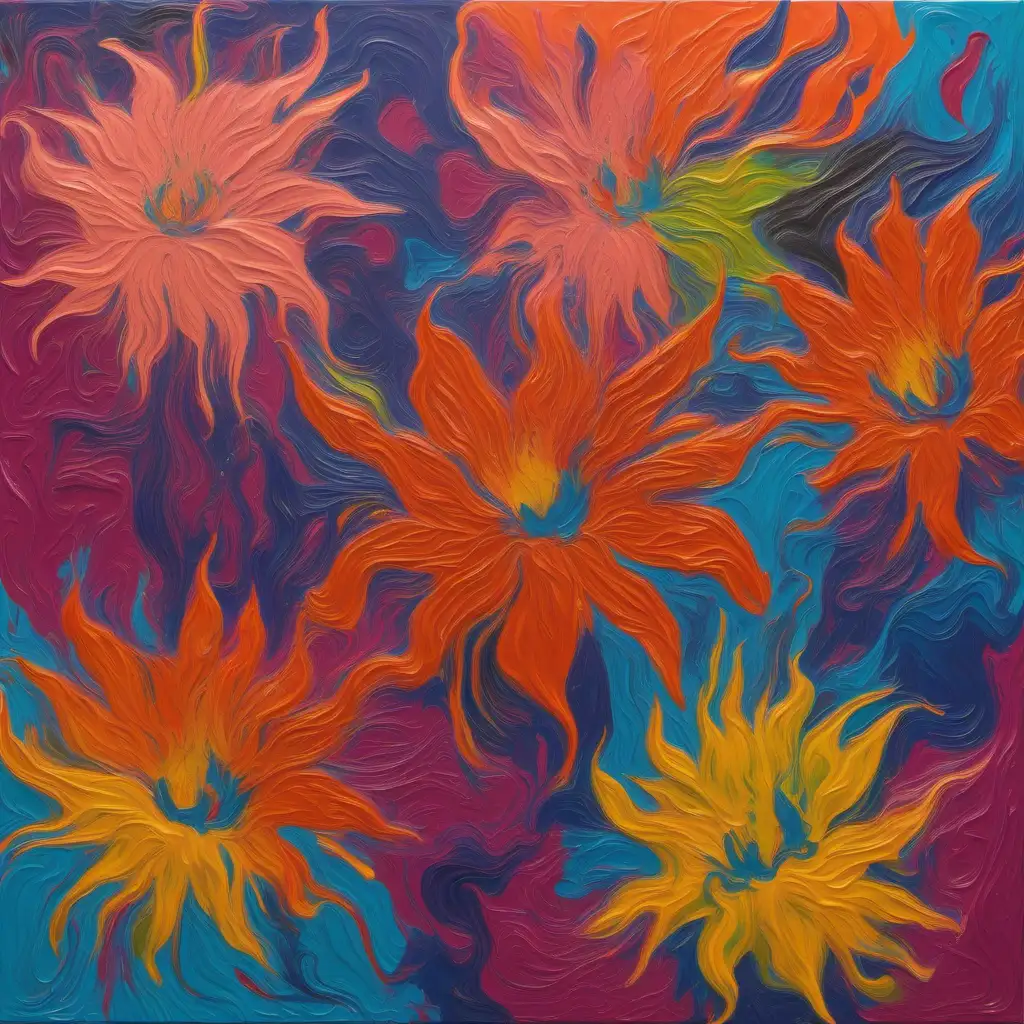 AN ALL OVER , COLORFUL ABSTRACTED PAINTING  LOOKING LIKE FLOWERS, BUT ABSTRACTED