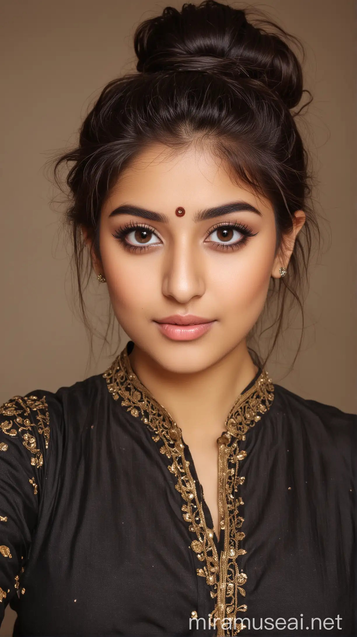 Pakistani beautiful girl,,messy hair bun ,,cute face,,Indian makeup,,medium shots photo 