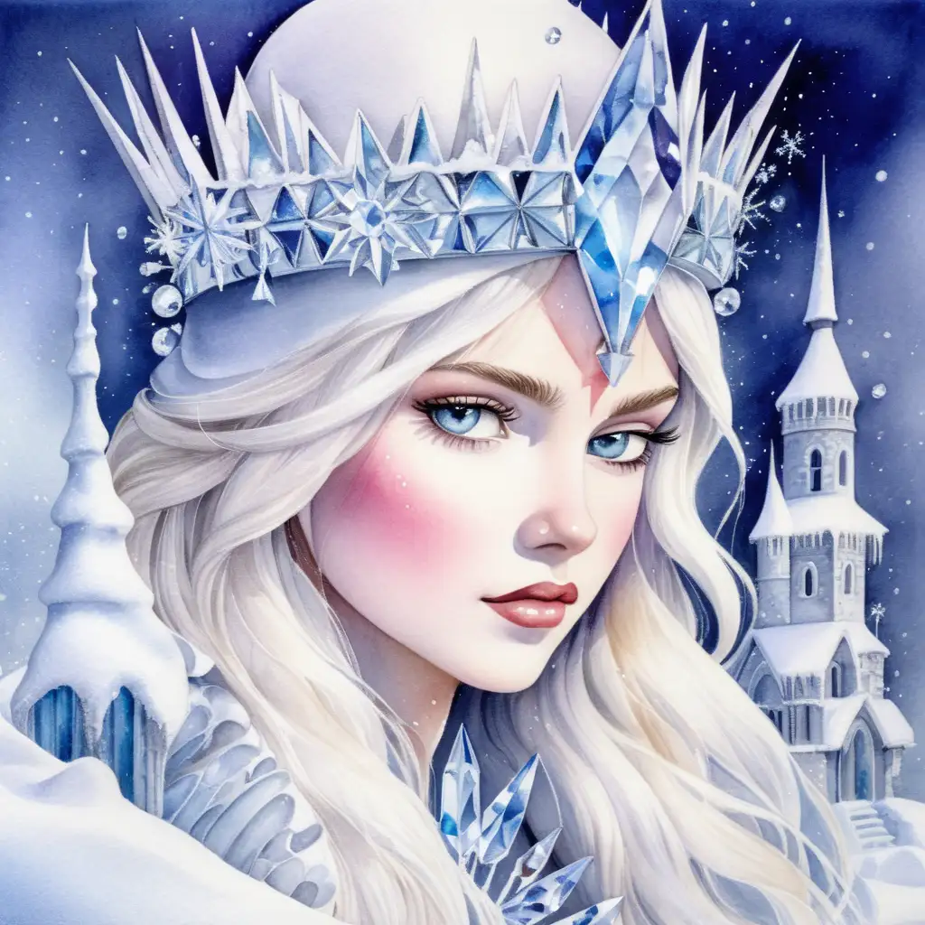 Ethereal Snow Queen Amidst Glittering Crystals Enchanting Watercolor Portrait