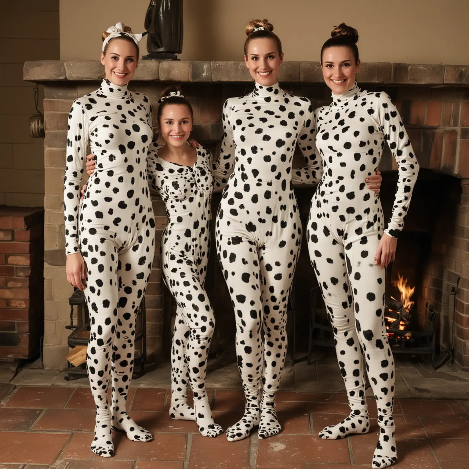 three very thin women age:35, hair in bun, dalmatian costume with long sleeved footed unitard, full length, standing by fireplace, smiling at camera