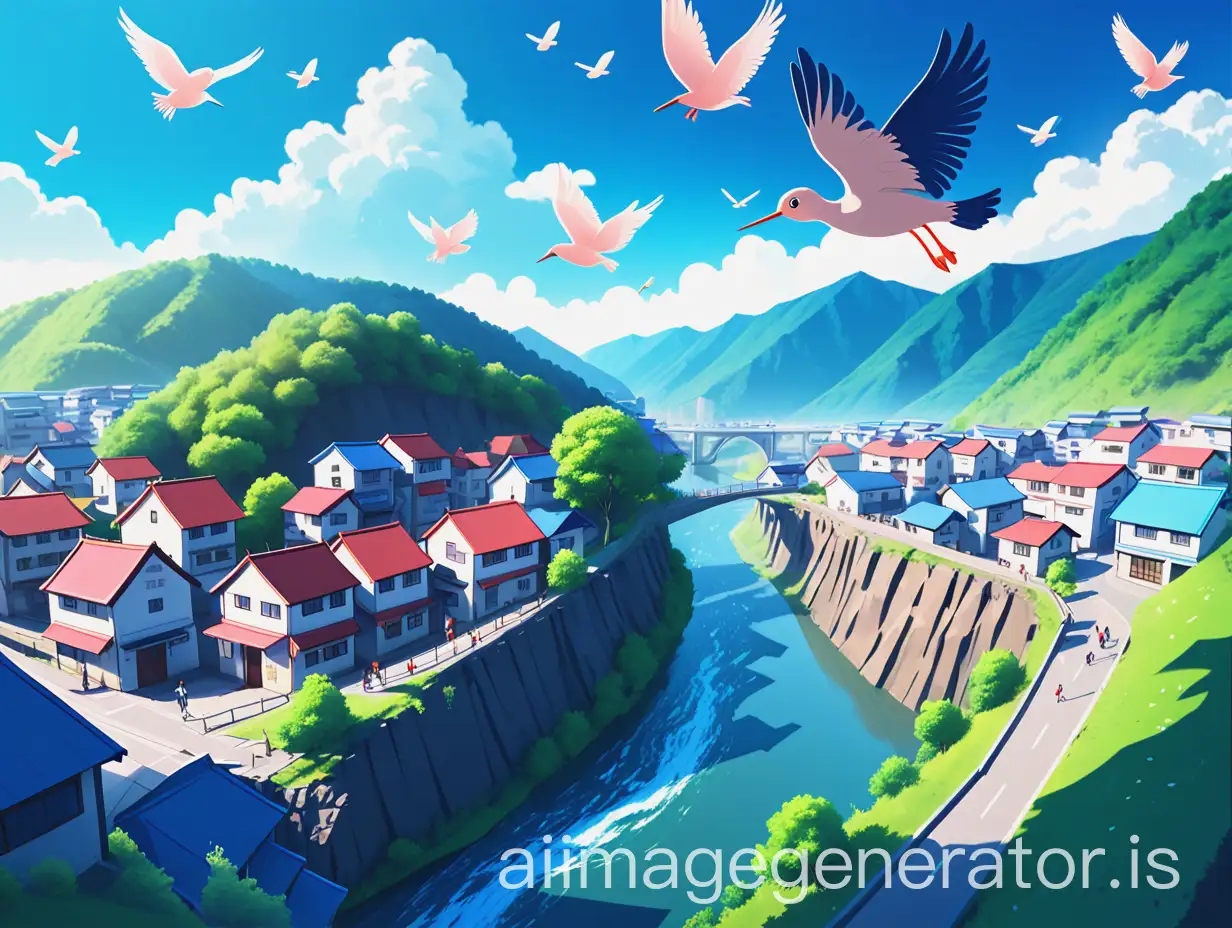 create a anime style illustration like(kiki delivery movie) of a town on mountain near river birds are flying  over the river and a beautiful sunny sky with blue tone. dont make realistic. make cartoonist and digital color illustration