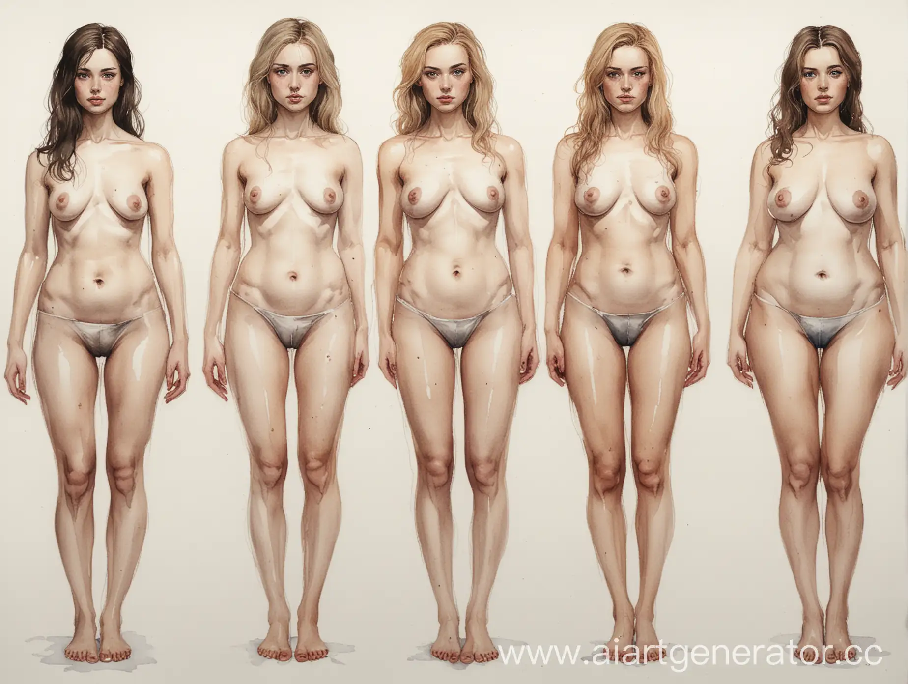 акварель с детализацией = полный рост: 
количество = три женщины;
первая женщина = анорексичная;
вторая женщина = стройная сексуальная;
третья женщина = пышная;
